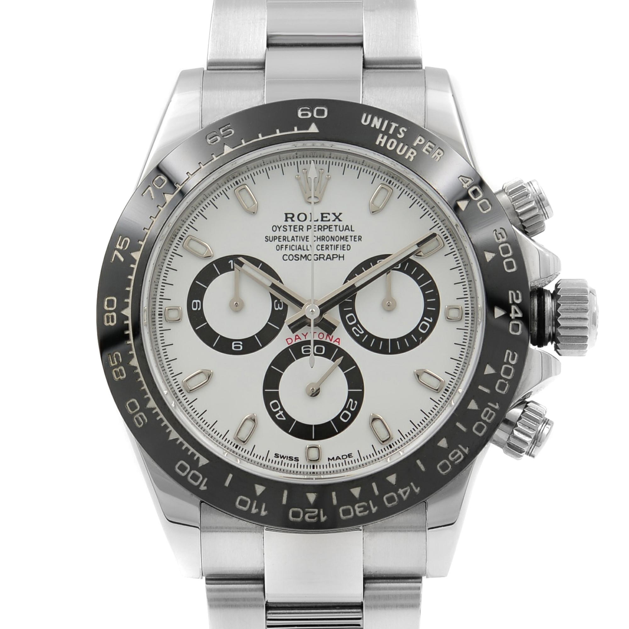 This pre-owned Rolex Daytona 116500LN w is a beautiful men's timepiece that is powered by an automatic movement which is cased in a stainless steel case. It has a round shape face, chronograph, small seconds subdial, tachymeter dial and has hand