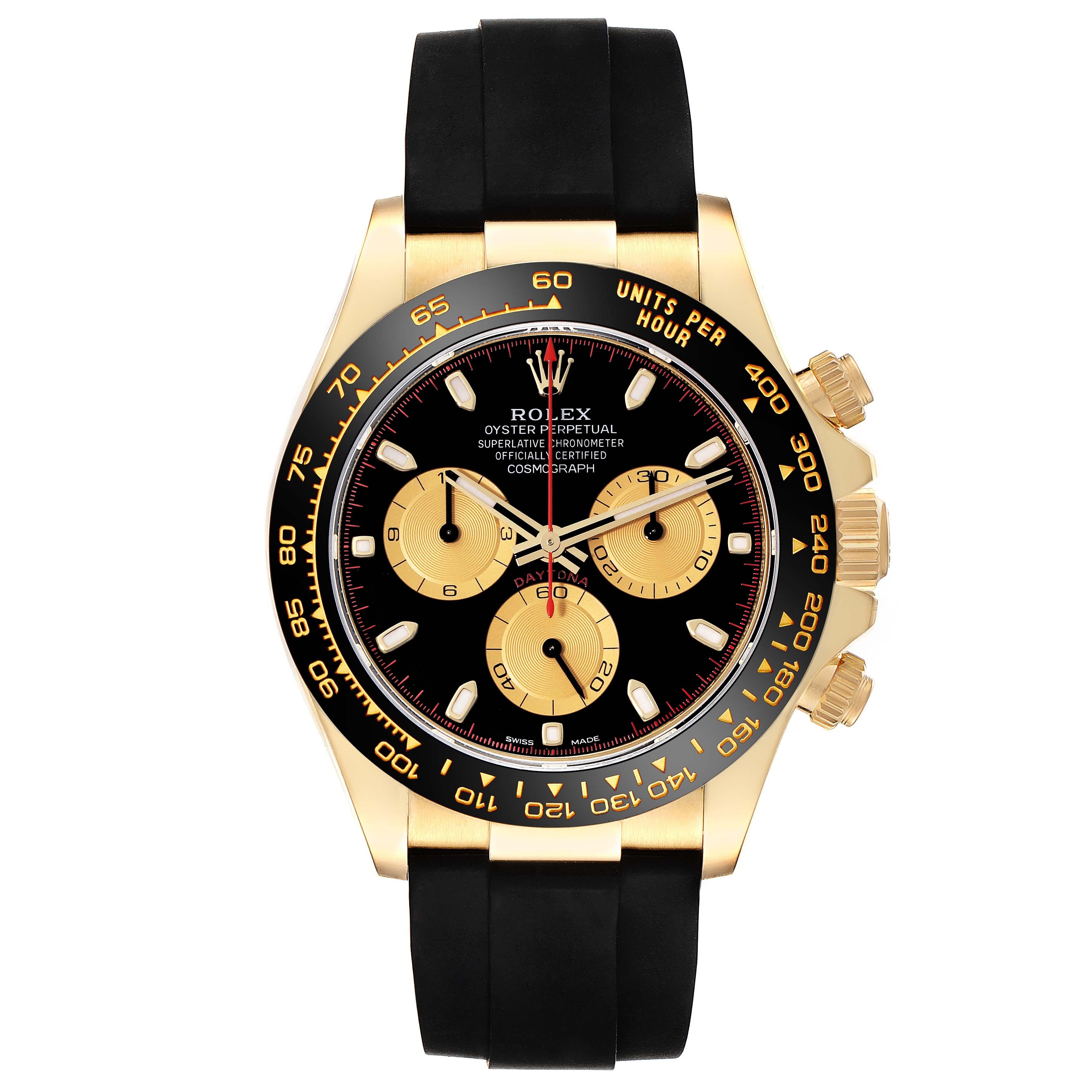 Rolex Daytona Yellow Gold Black Dial Ceramic Bezel Mens Watch 116518 Box Card. Officially certified chronometer automatic self-winding movement. Chronograph function. 18K yellow gold case 40.0 mm in diameter.  Special screw-down push buttons. Black