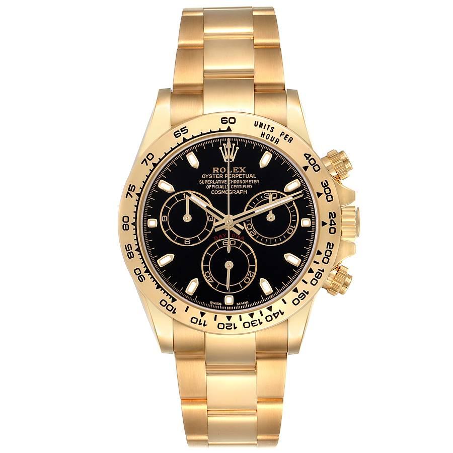 Rolex Daytona Yellow Gold Black Dial Mens Watch 116508 Box Card. Officially certified chronometer self-winding movement. Rhodium-plated, 44 jewels, straight line lever escapement, monometallic balance adjusted to temperatures and 5 positions, shock