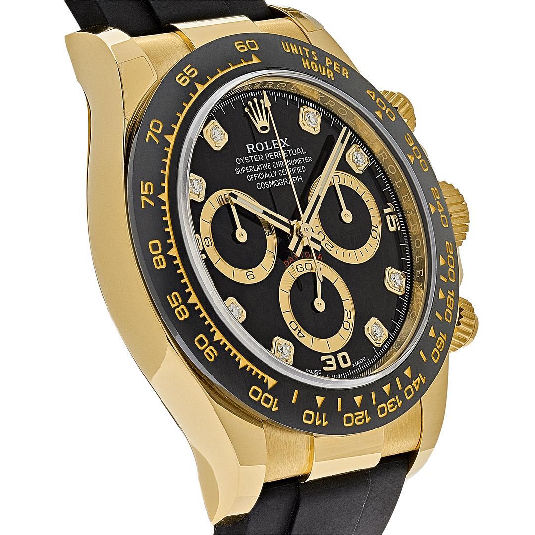 The Rolex Daytona is designed with a high-performance chronograph and measuring an average speed of up to 400 kilometers per hour. This Daytona features a 40mm 18ct yellow gold case, ceramic bezel with an engraved tachymetric scale and a black