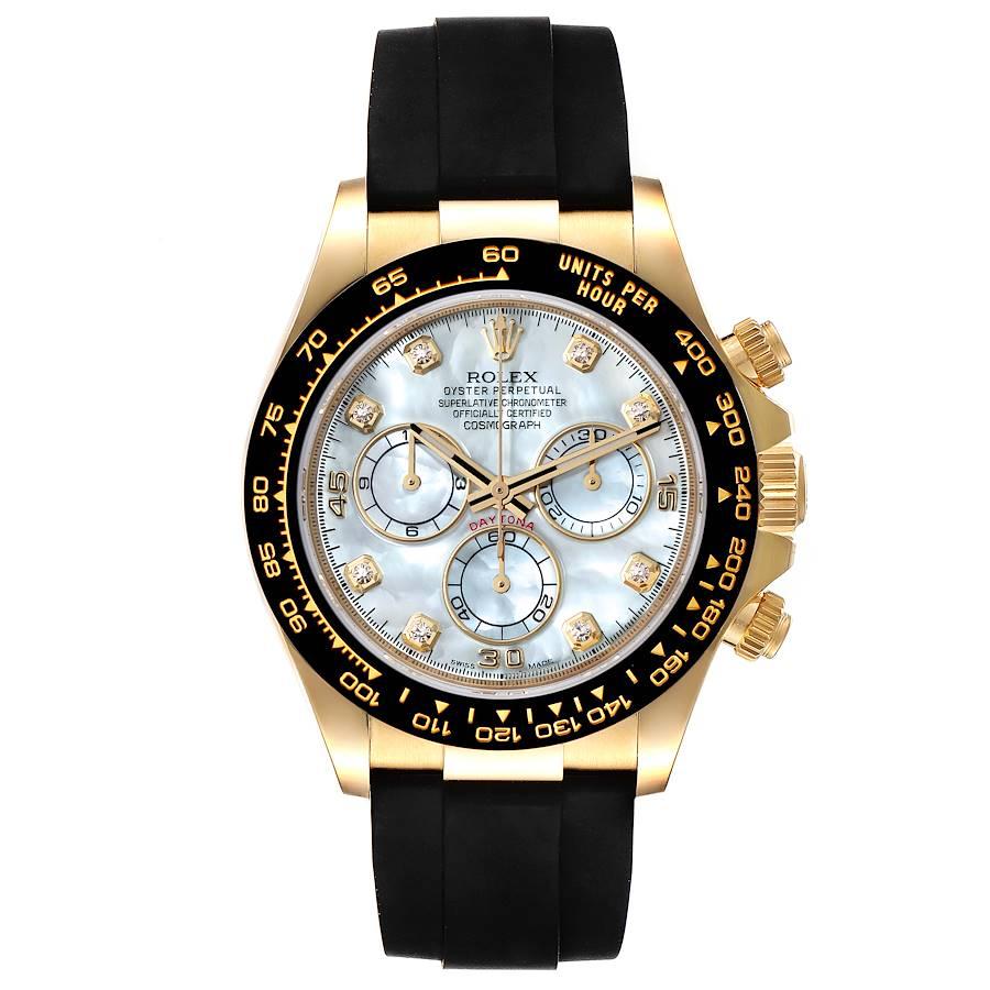 Rolex Daytona Yellow Gold Ceramic Bezel MOP Diamond Dial Watch 116518 Unworn. Officially certified chronometer automatic self-winding movement. Chronograph function. 18K yellow gold case 40.0 mm in diameter. Special screw-down push buttons. Black
