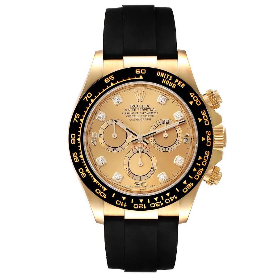 Rolex Daytona Yellow Gold Ceramic Bezel Rubber Strap Watch 116518 Box Card. Officially certified chronometer automatic self-winding movement. Chronograph function. 18K yellow gold case 40.0 mm in diameter.  Special screw-down push buttons. Black