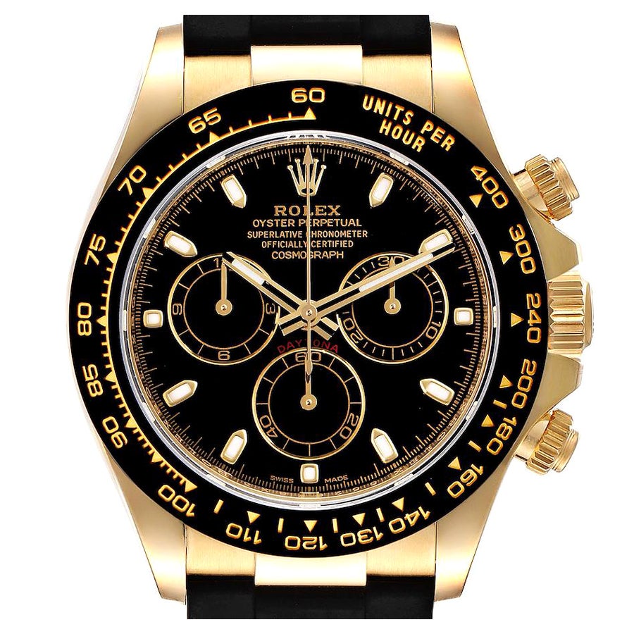 Rolex Daytona Yellow Gold Ceramic Bezel Rubber Strap Watch 116518 Box Card