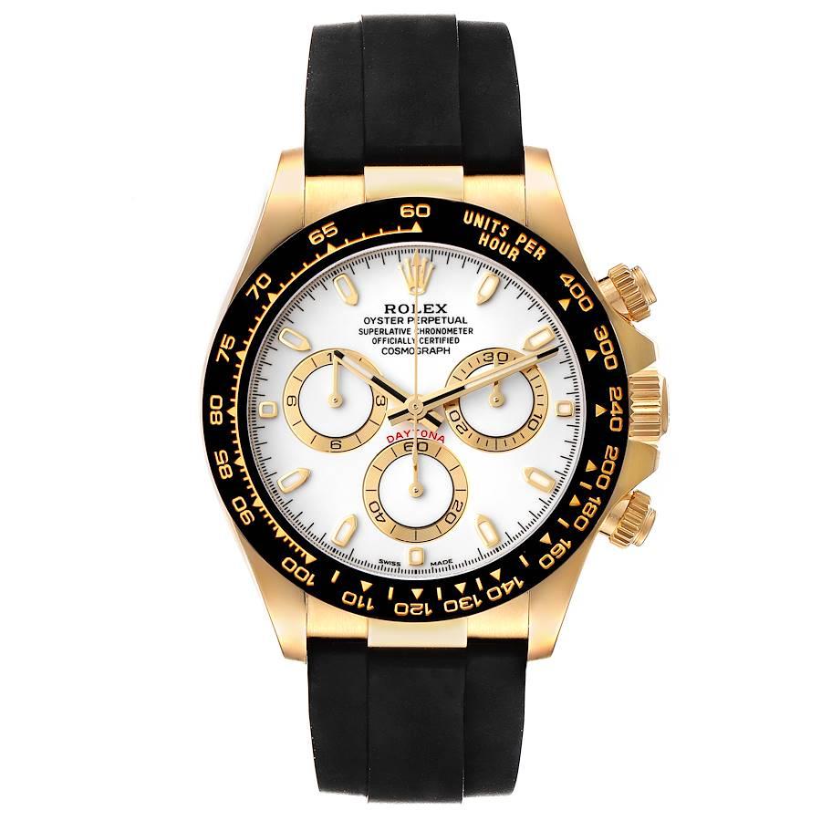 Rolex Daytona Yellow Gold Ceramic Bezel Rubber Strap Watch 116518. Officially certified chronometer automatic self-winding movement. Chronograph function. 18K yellow gold case 40.0 mm in diameter.  Special screw-down push buttons. Black Cerachrom