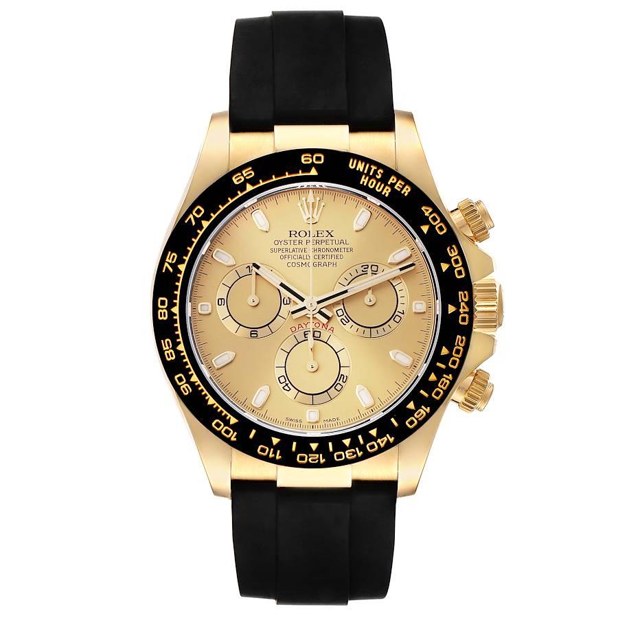 Rolex Daytona Yellow Gold Champagne Dial Ceramic Bezel Mens Watch 116518 Unworn. Officially certified chronometer automatic self-winding movement. Chronograph function. 18K yellow gold case 40.0 mm in diameter.  Special screw-down push buttons.