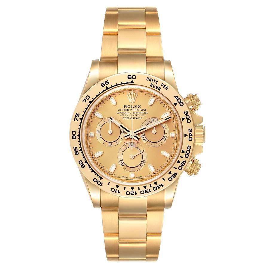 Rolex Daytona Yellow Gold Champagne Dial Mens Watch 116508 Box Card. Officially certified chronometer self-winding movement. Rhodium-plated, 44 jewels, straight line lever escapement, monometallic balance adjusted to temperatures and 5 positions,