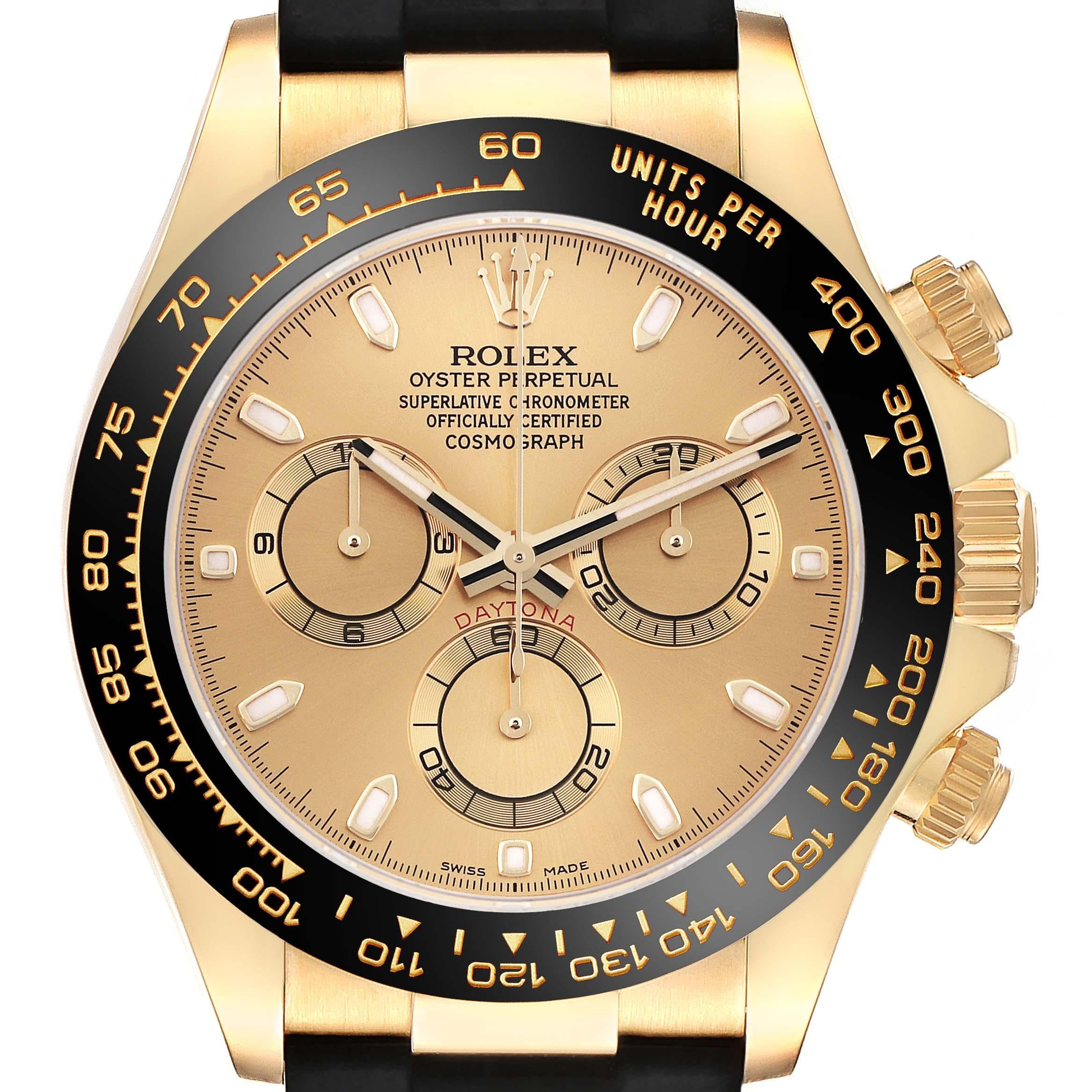 Rolex Daytona Yellow Gold Champagne Dial Mens Watch 116518 Box Card. Officially certified chronometer automatic self-winding movement. Chronograph function. 18K yellow gold case 40.0 mm in diameter.  Special screw-down push buttons. Black Cerachrom