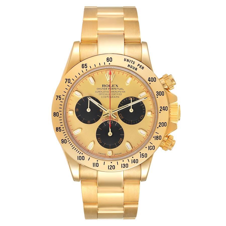 Rolex Daytona Yellow Gold Champagne Dial Mens Watch 116528. Mouvement à remontage automatique certifié officiellement chronomètre. Rhodié, décor œil-de-perdrix, échappement à ancre en ligne droite, balancier monométallique réglé sur 5 positions,