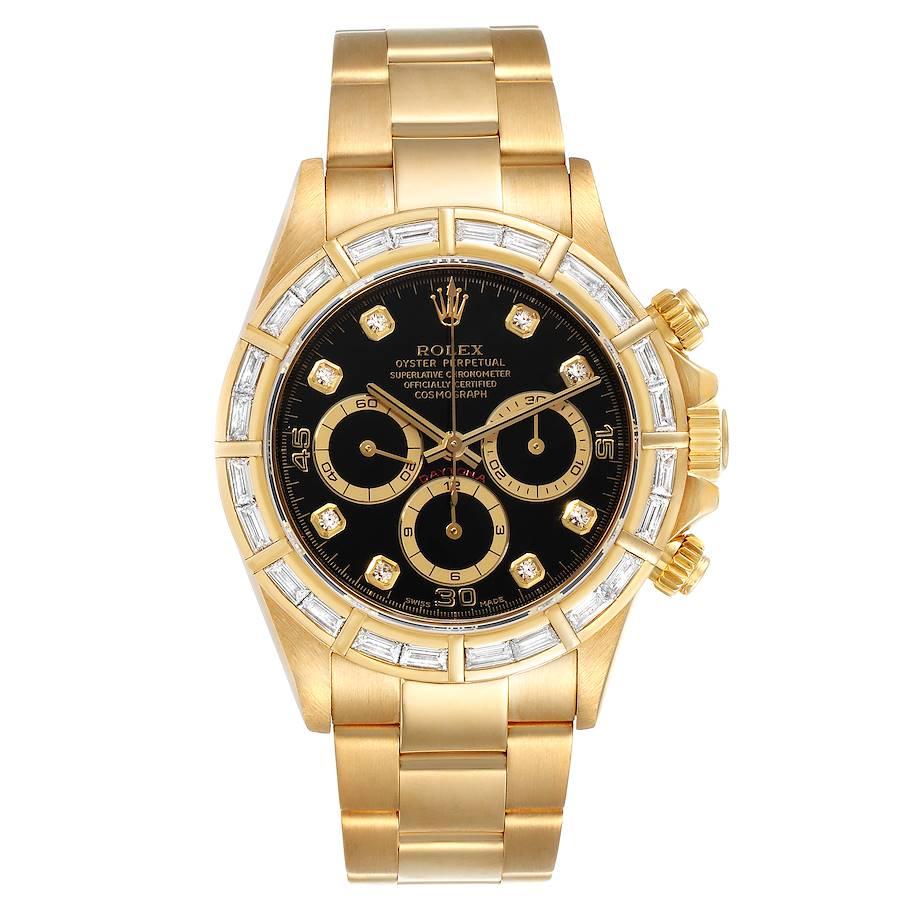 Rolex Daytona Yellow Gold Diamond Dial Bezel Chronograph Mens Watch 16568. Officially certified chronometer self-winding movement. 18K yellow gold case 40.0 mm in diameter. Special screw-down push buttons. Triplock winding crown protected by the