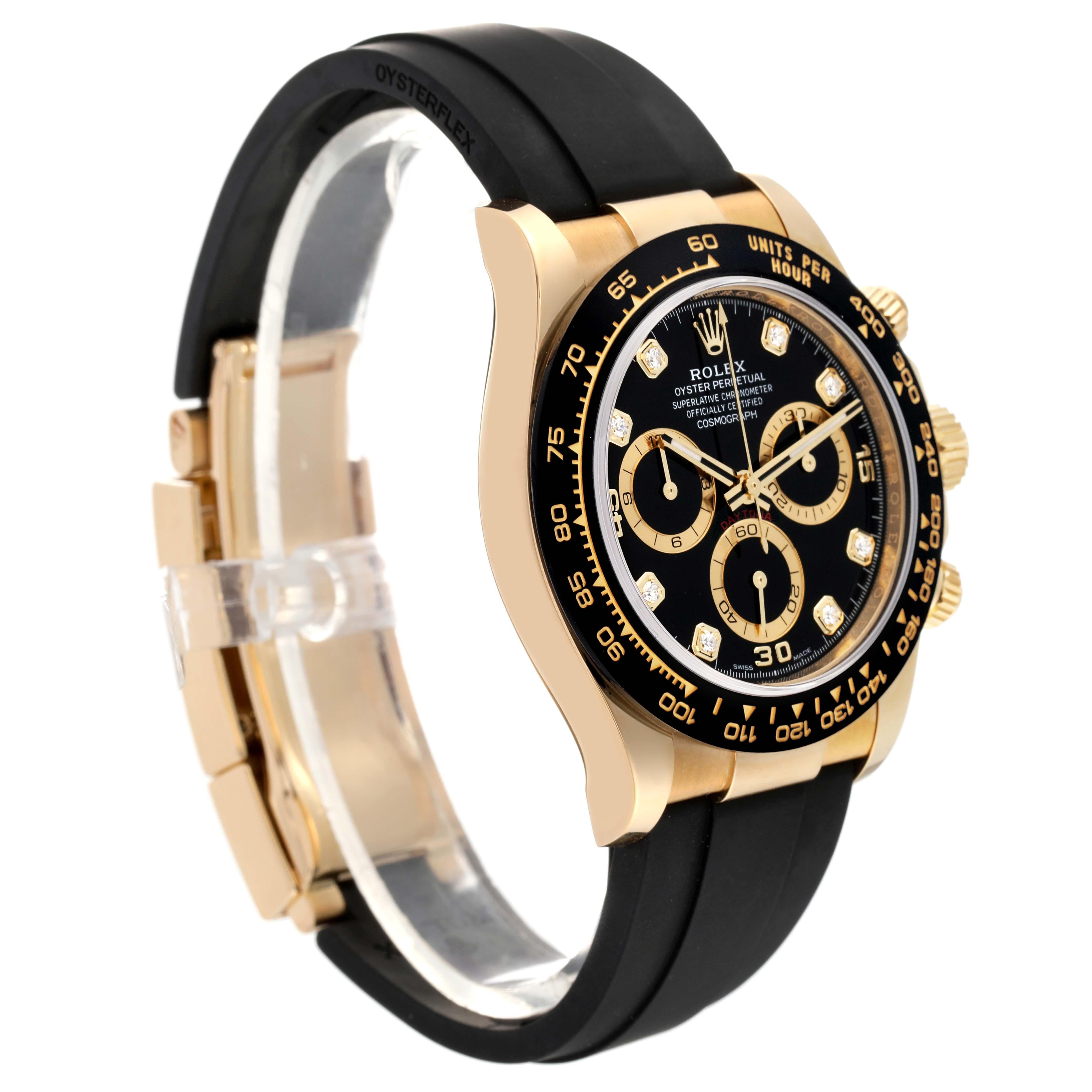 Rolex Daytona Yellow Gold Diamond Dial Ceramic Bezel Mens Watch 116518 Box Card. Officially certified chronometer automatic self-winding movement. Chronograph function. 18K yellow gold case 40.0 mm in diameter.  Special screw-down push buttons.