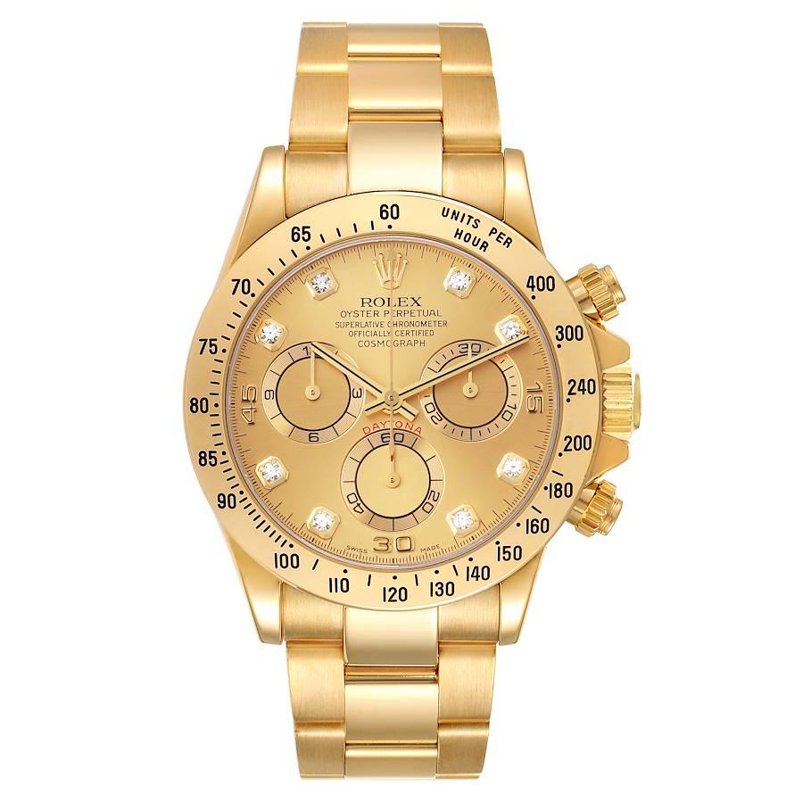 Rolex Daytona Yellow Gold Diamond Dial Mens Watch 116528 Box Papers. Officially certified chronometer self-winding movement. Rhodium-plated, oeil-de-perdrix decoration, straight line lever escapement, monometallic balance adjusted to 5 positions,