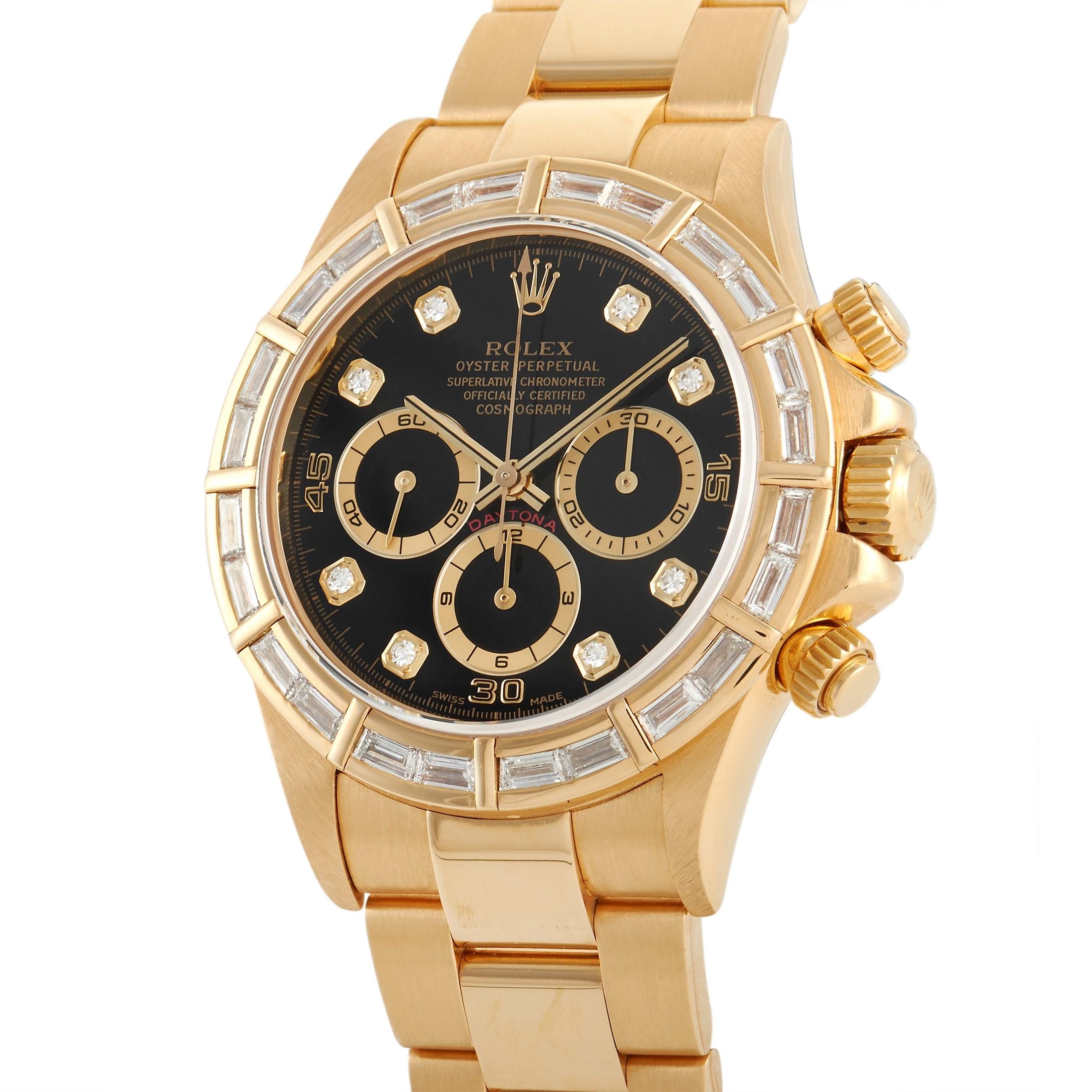 The Rolex Daytona Diamond Set Watch, reference number 16568, is a luxury timepiece that is sure to turn heads. 

Opulent 18K yellow gold on the 40mm case and bracelet set this piece apart, but it’s the 24 diamond baguettes accenting the bezel that