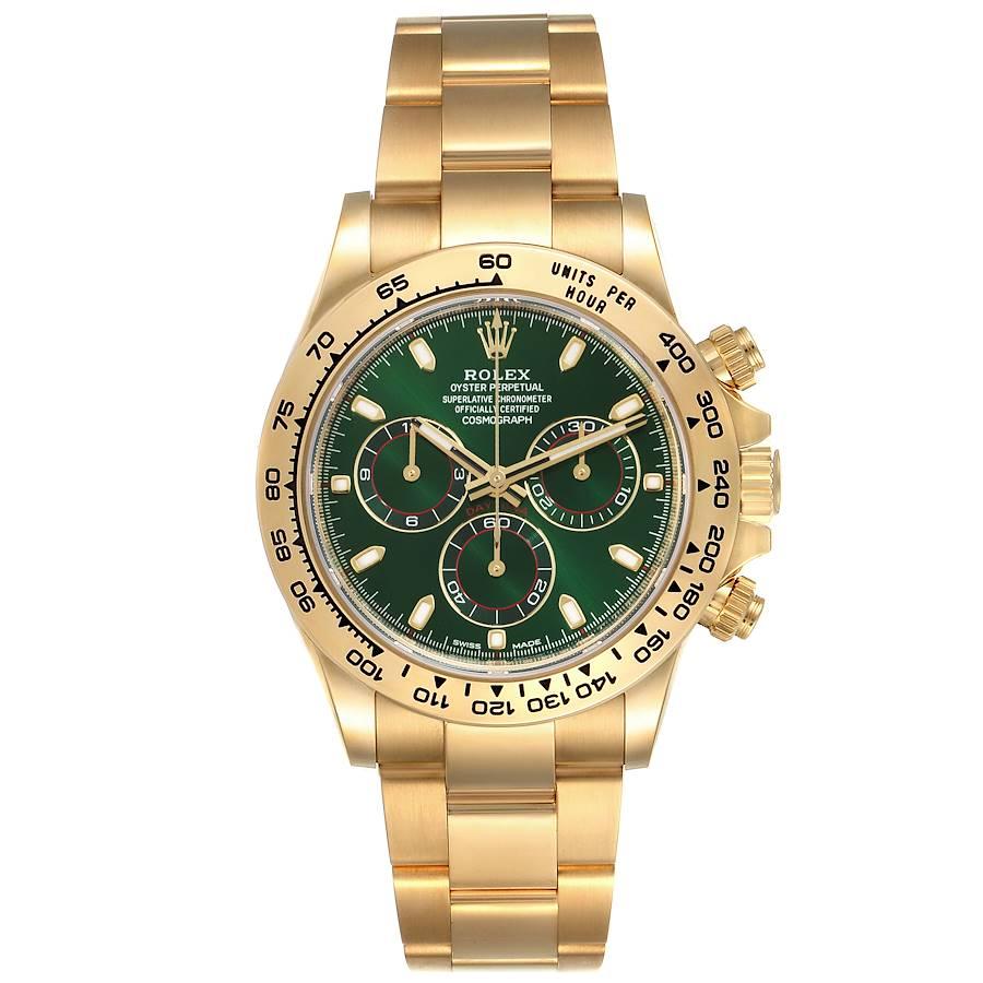 Rolex Daytona Gelbgold Grünes Zifferblatt Herrenuhr 116508 Box Card. Offiziell zertifiziertes Chronometerwerk mit automatischem Aufzug. Rhodiniert, 44 Steine, geradlinige Ankerhemmung, temperaturregulierte monometallische Unruh mit 5 Positionen,