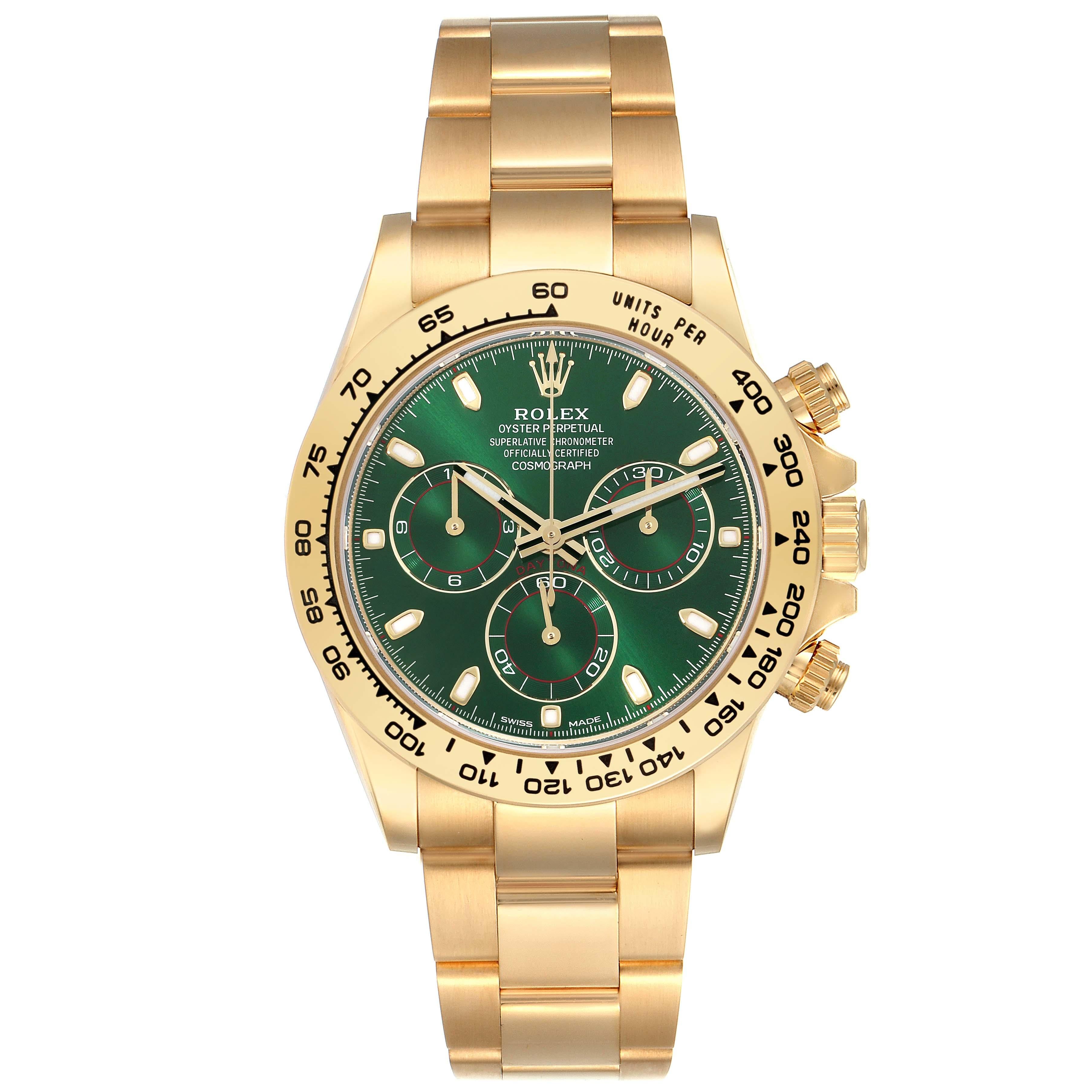 Rolex Daytona Yellow Gold Green Dial Mens Watch 116508 Box Card. Officially certified chronometer self-winding movement. Rhodium-plated, 44 jewels, straight line lever escapement, monometallic balance adjusted to temperatures and 5 positions, shock