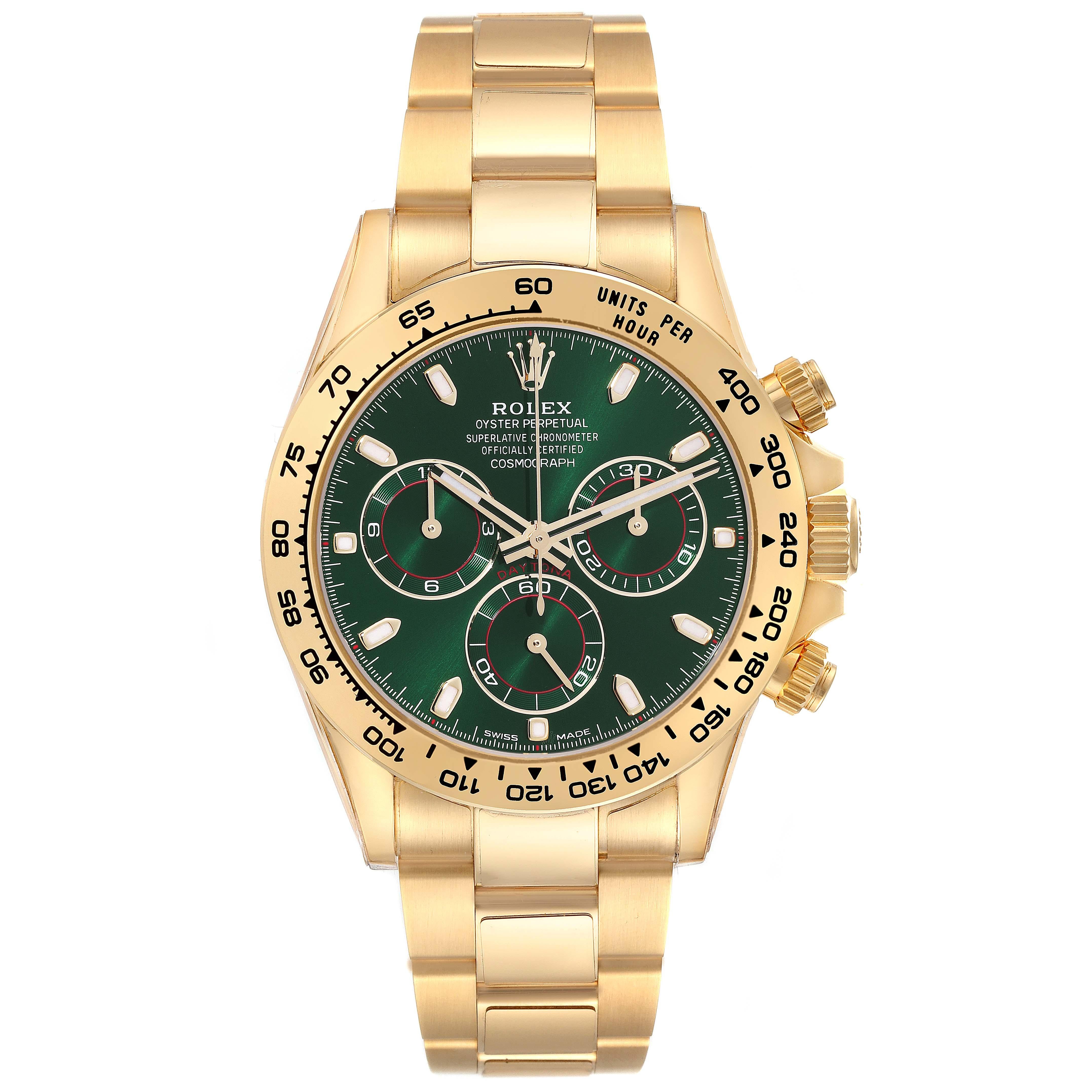 Rolex Daytona Yellow Gold Green Dial Mens Watch 116508 Unworn. Officially certified chronometer self-winding movement. Rhodium-plated, 44 jewels, straight line lever escapement, monometallic balance adjusted to temperatures and 5 positions, shock