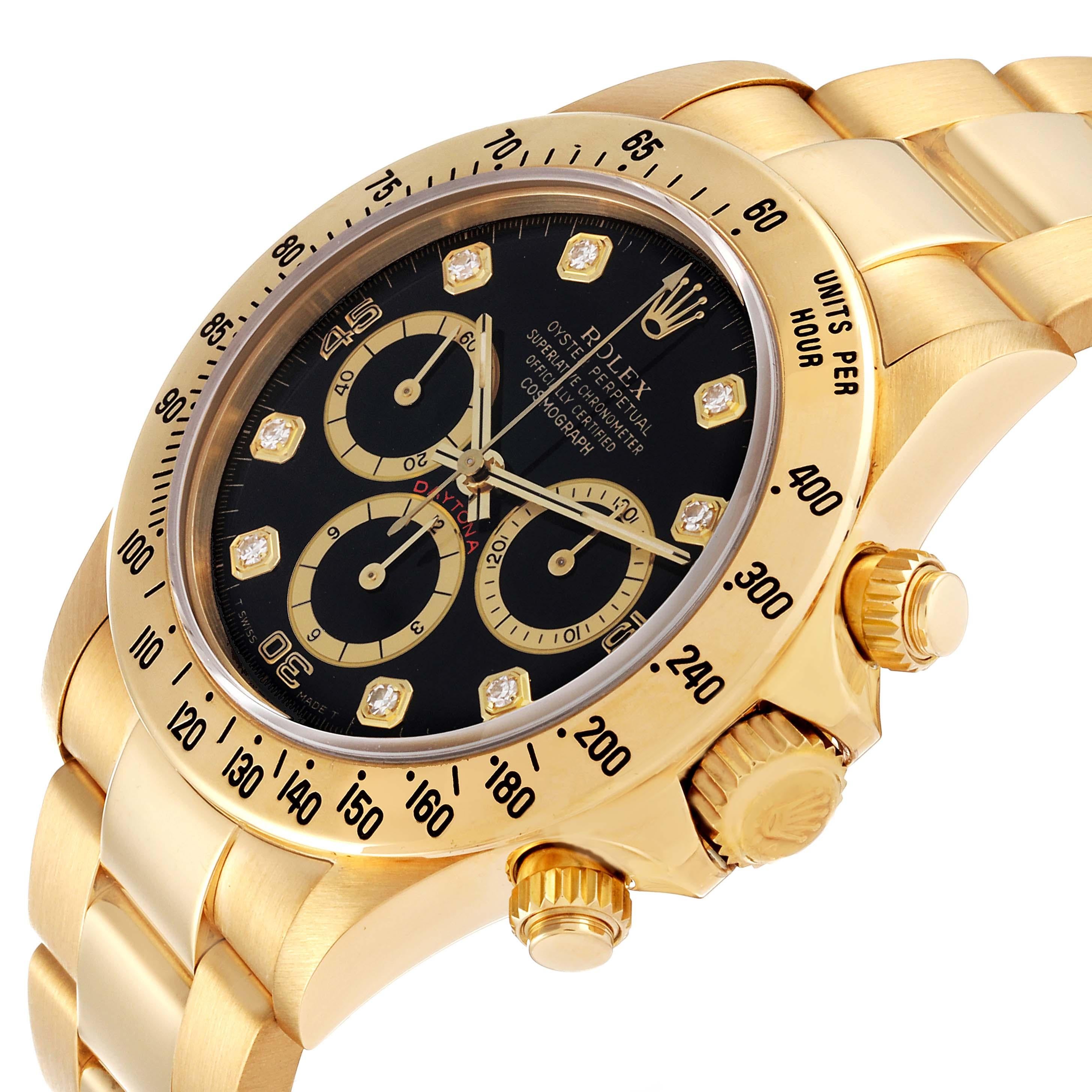 Rolex Daytona Yellow Gold Inverted 6 Diamond Dial Mens Watch 16528. Officially certified chronometer automatic self-winding movement. 18K yellow gold case 40.0 mm in diameter. Special screw-down push buttons. Triplock winding crown protected by the