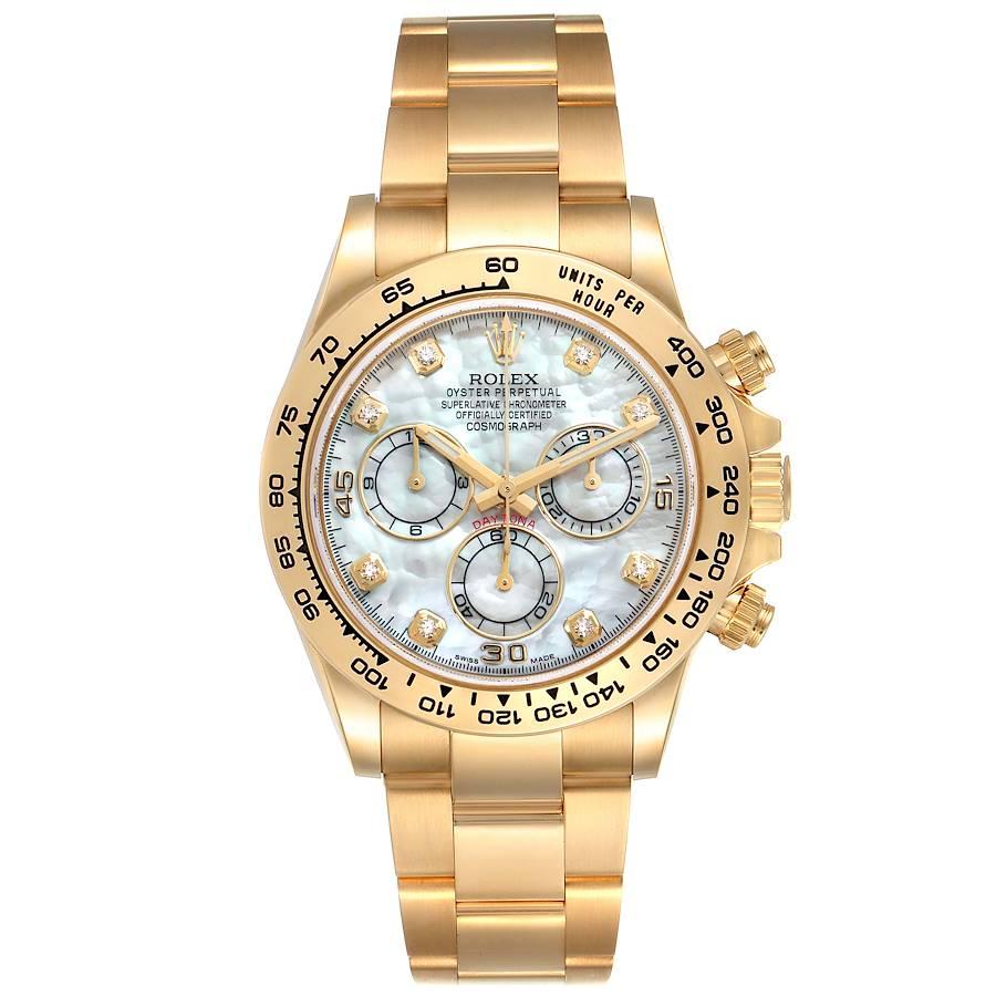 Rolex Daytona Yellow Gold MOP Diamond Dial Mens Watch 116508 Box Card. Officially certified chronometer self-winding movement. Rhodium-plated, oeil-de-perdrix decoration, straight line lever escapement, monometallic balance adjusted to 5 positions,