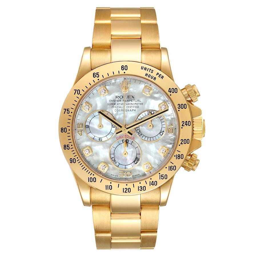 Rolex Daytona Yellow Gold MOP Diamond Dial Mens Watch 116528 Box Card. Officially certified chronometer self-winding movement. Rhodium-plated, oeil-de-perdrix decoration, straight line lever escapement, monometallic balance adjusted to 5 positions,