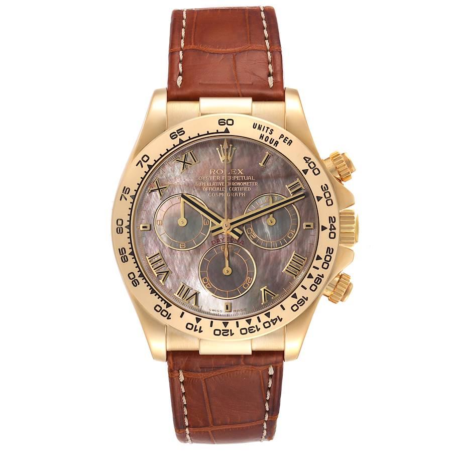 Rolex Daytona Yellow Gold Mother of Pearl Dial Mens Watch 116518 Box Papers. Officially certified chronometer automatic self-winding movement. Chronograph function. 18K yellow gold case 40.0 mm in diameter.  Special screw-down push buttons. 18K