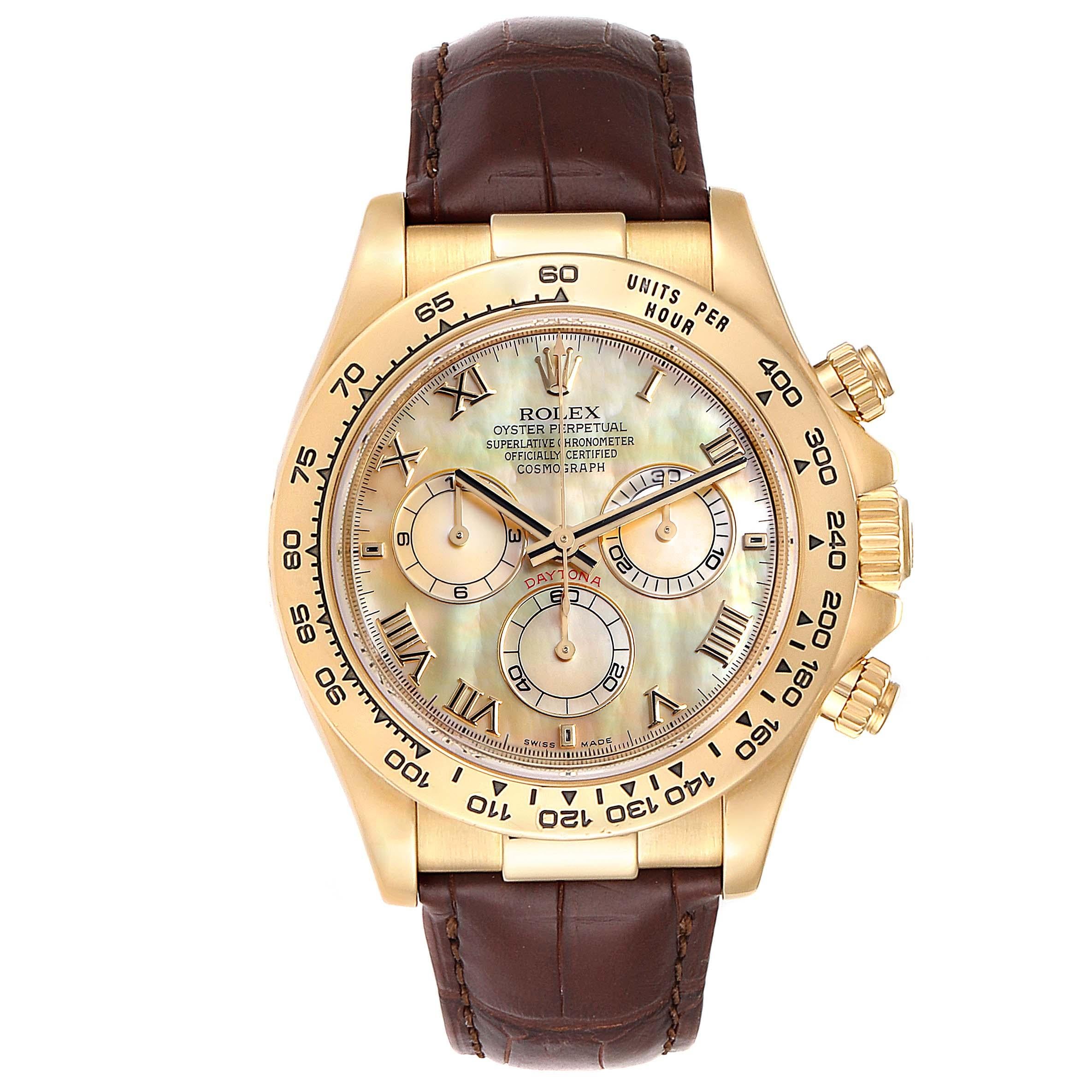 Rolex Daytona Yellow Gold Mother of Pearl Dial Mens Watch 116518. Officially certified chronometer automatic self-winding movement. Chronograph function. 18K yellow gold case 40.0 mm in diameter. Special screw-down push buttons. 18K yellow gold