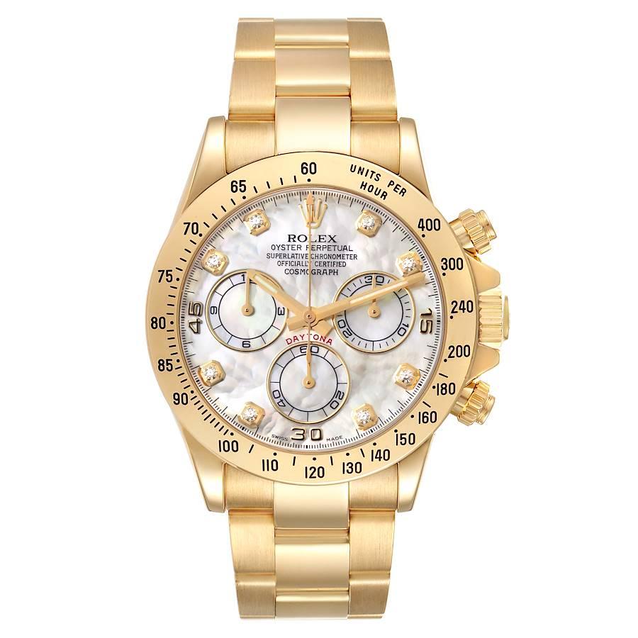 Rolex Daytona Yellow Gold Mother of Pearl Diamond Dial Mens Watch 116528. Officially certified chronometer self-winding movement. Rhodium-plated, oeil-de-perdrix decoration, straight line lever escapement, monometallic balance adjusted to 5