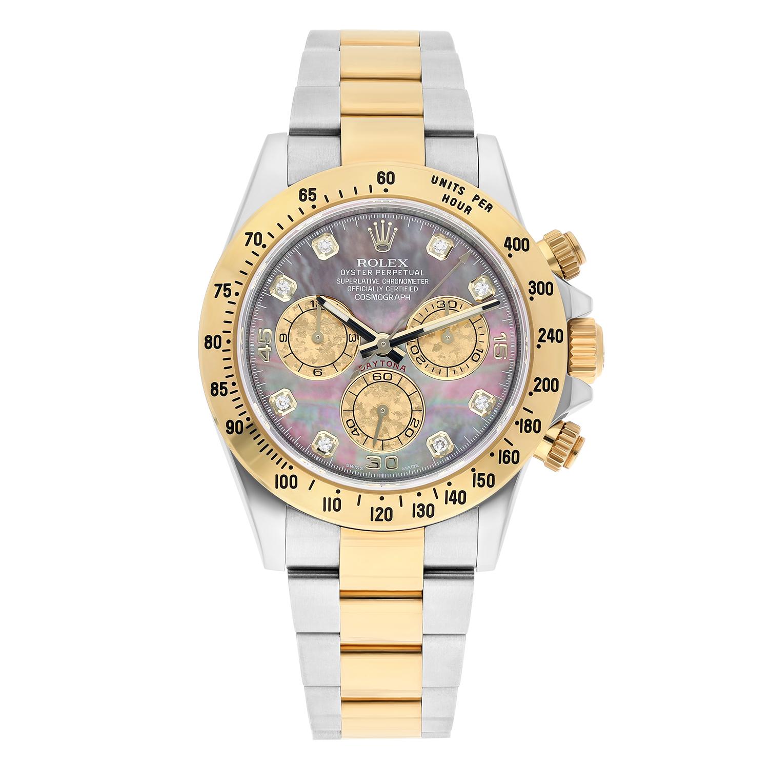 The rare diamond set dial on this 18ct yellow gold & steel 116523 Daytona is absolutely magnificent. The gold crystal sub-dials contrast beautifully against the stormy dark purples and blues of the natural black mother of pearl. This watch has been
