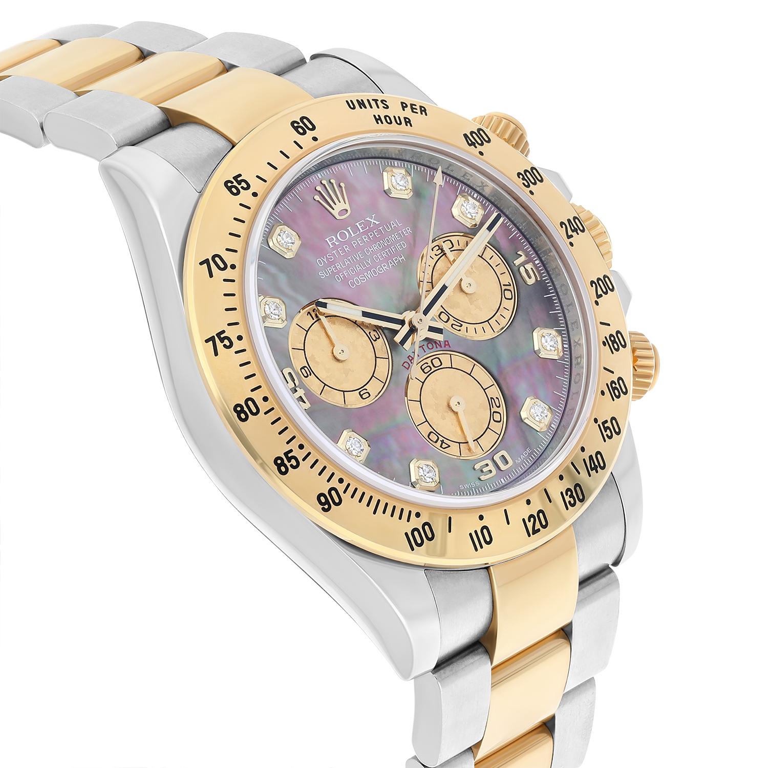 Rolex Daytona Yellow Gold & Steel Black Mother Of Pearl Diamond Dial 116523 B/P In Excellent Condition For Sale In New York, NY