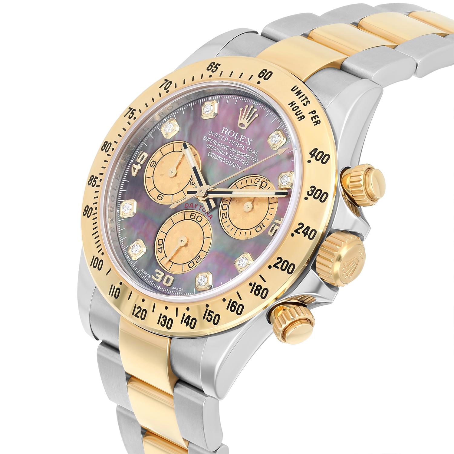 Rolex Daytona Yellow Gold & Steel Black Mother Of Pearl Diamond Dial 116523 B/P For Sale 1