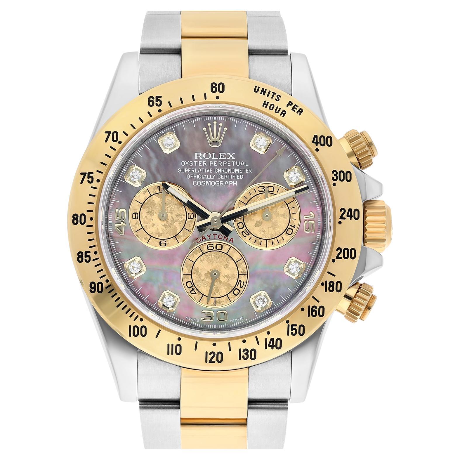 Rolex Daytona Yellow Gold & Steel Black Mother Of Pearl Diamond Dial 116523 B/P For Sale