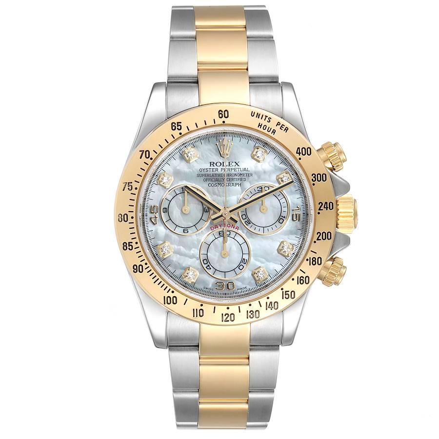 Rolex Daytona Yellow Gold Steel MOP Diamond Mens Watch 116523. Officially certified chronometer self-winding movement. Rhodium-plated, oeil-de-perdrix decoration, straight line lever escapement, monometallic balance adjusted to 5 positions, shock