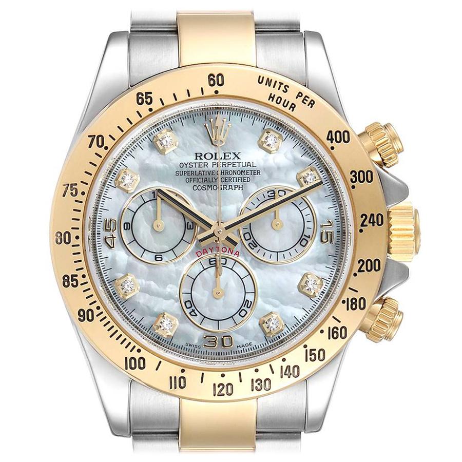 Rolex Daytona Yellow Gold Steel MOP Diamond Mens Watch 116523 For Sale
