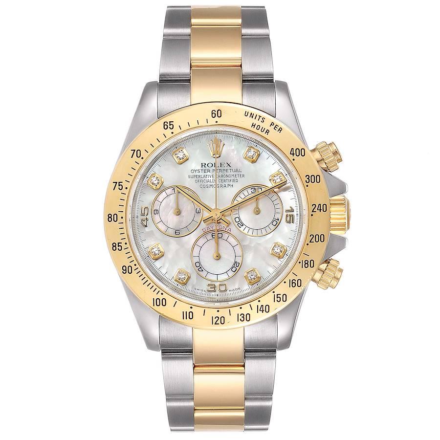 Rolex Daytona Yellow Gold Steel MOP Diamond Watch 116523 Box. Officially certified chronometer self-winding movement. Rhodium-plated, oeil-de-perdrix decoration, straight line lever escapement, monometallic balance adjusted to 5 positions, shock
