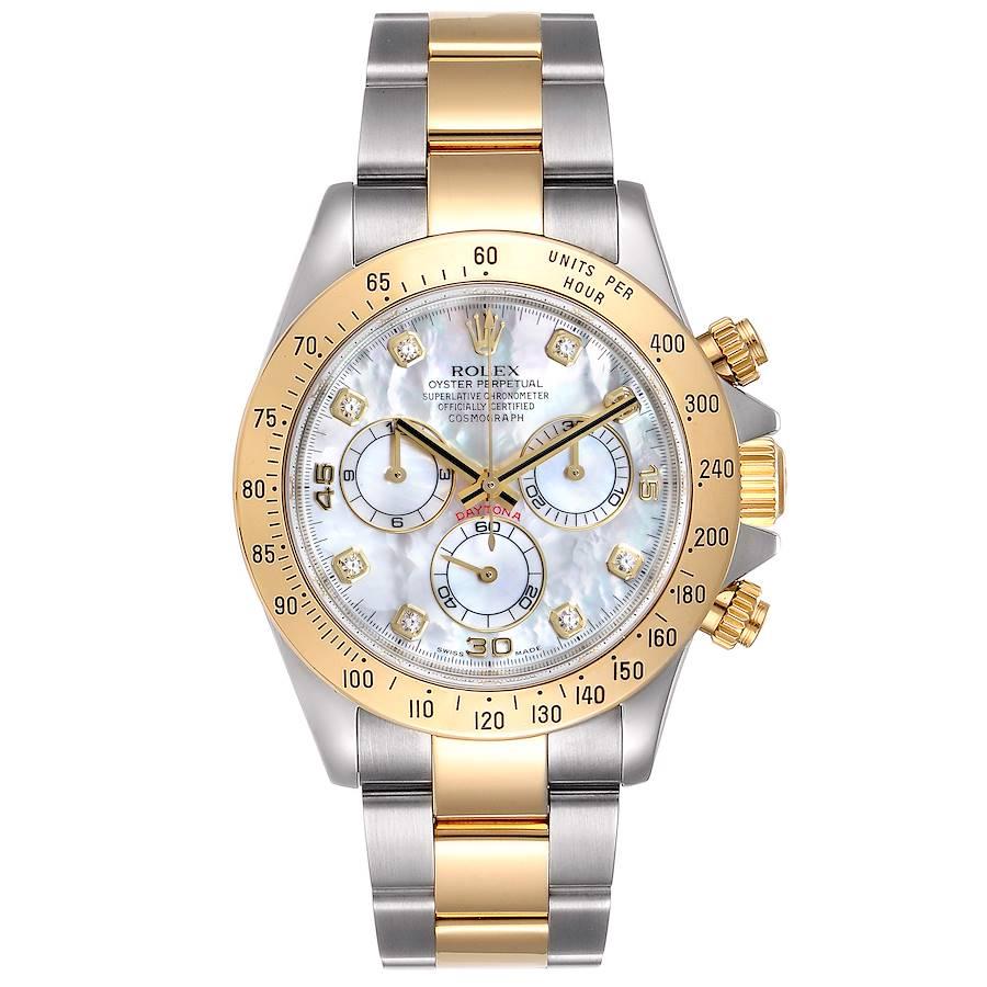 Rolex Daytona Yellow Gold Steel MOP Diamond Watch 116523 Box. Officially certified chronometer self-winding movement. Rhodium-plated, oeil-de-perdrix decoration, straight line lever escapement, monometallic balance adjusted to 5 positions, shock