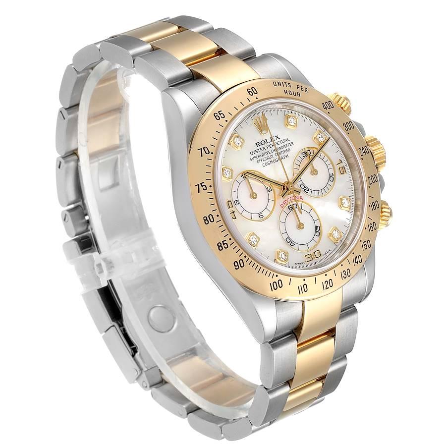 Rolex Daytona Yellow Gold Steel Mother of Pearl Diamond Watch 116523 Box In Excellent Condition For Sale In Atlanta, GA
