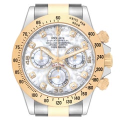 Rolex Daytona Yellow Gold Steel Mother of Pearl Diamond Dial Mens Watch 116523