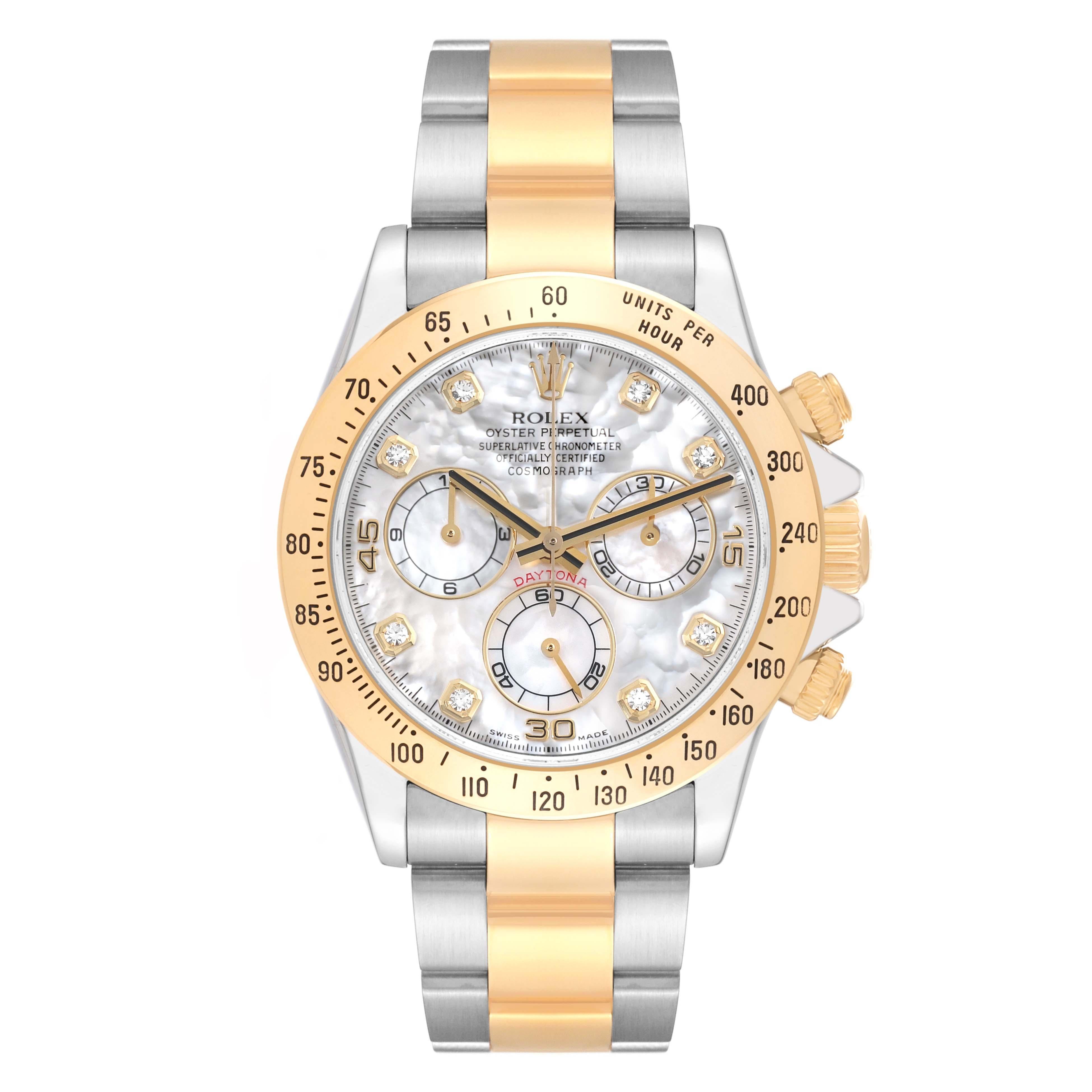 Rolex Daytona Yellow Gold Steel Mother of Pearl Diamond Mens Watch 116523 For Sale 1
