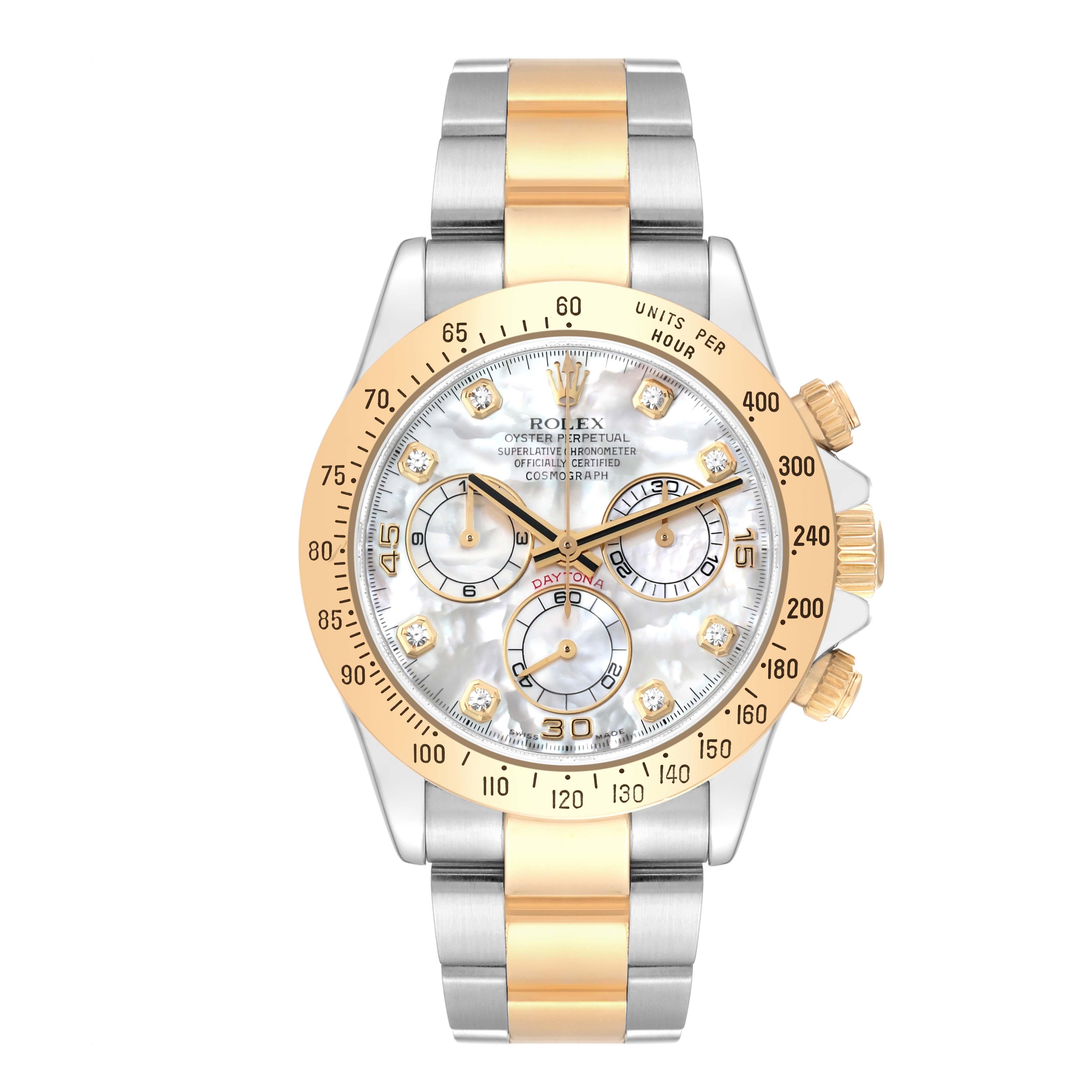 Rolex Daytona Yellow Gold Steel Mother of Pearl Diamond Mens Watch 116523 For Sale 4