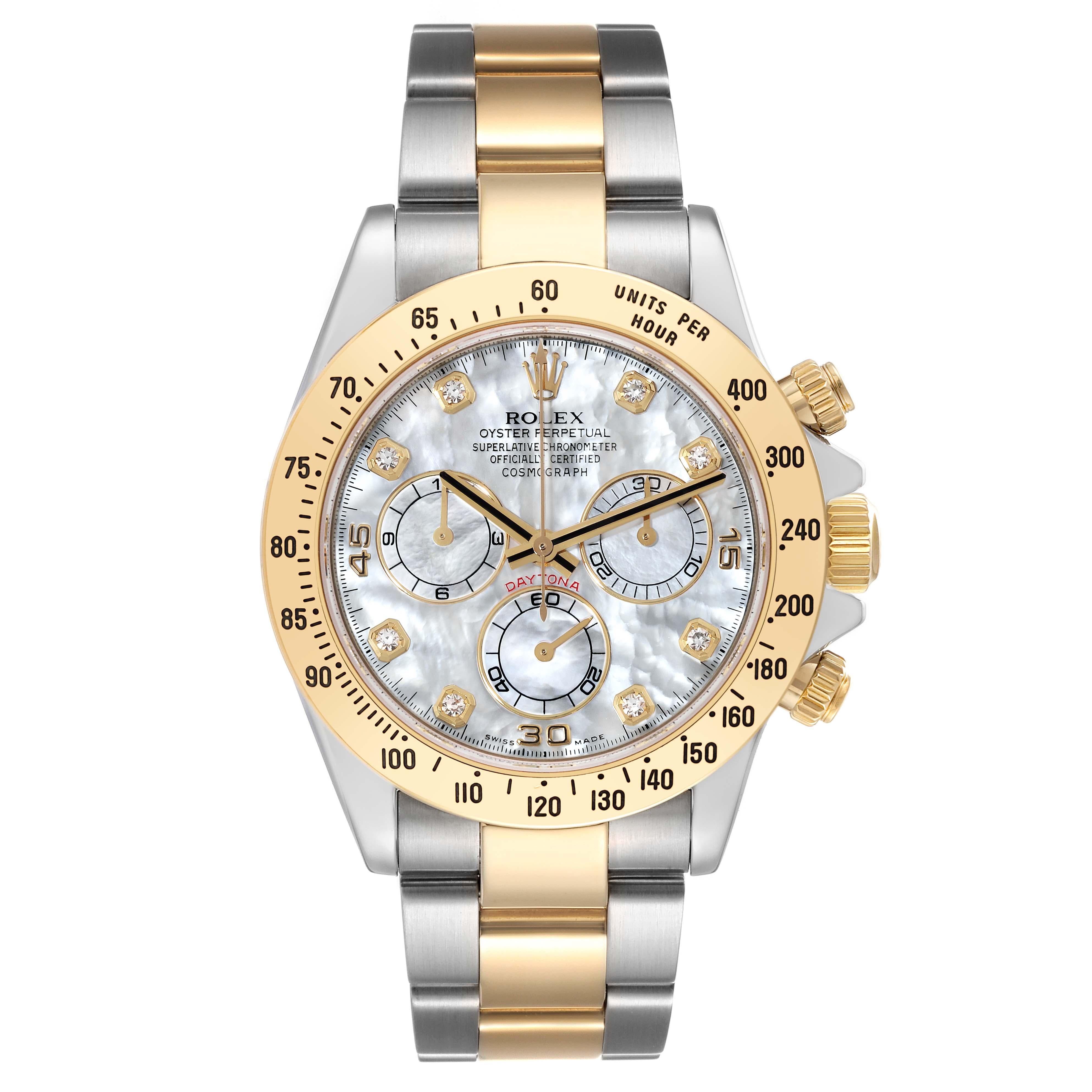 Rolex Daytona Yellow Gold Steel Mother of Pearl Diamond Mens Watch 116523 Box Card. Officially certified chronometer self-winding movement. Rhodium-plated, oeil-de-perdrix decoration, straight line lever escapement, monometallic balance adjusted to