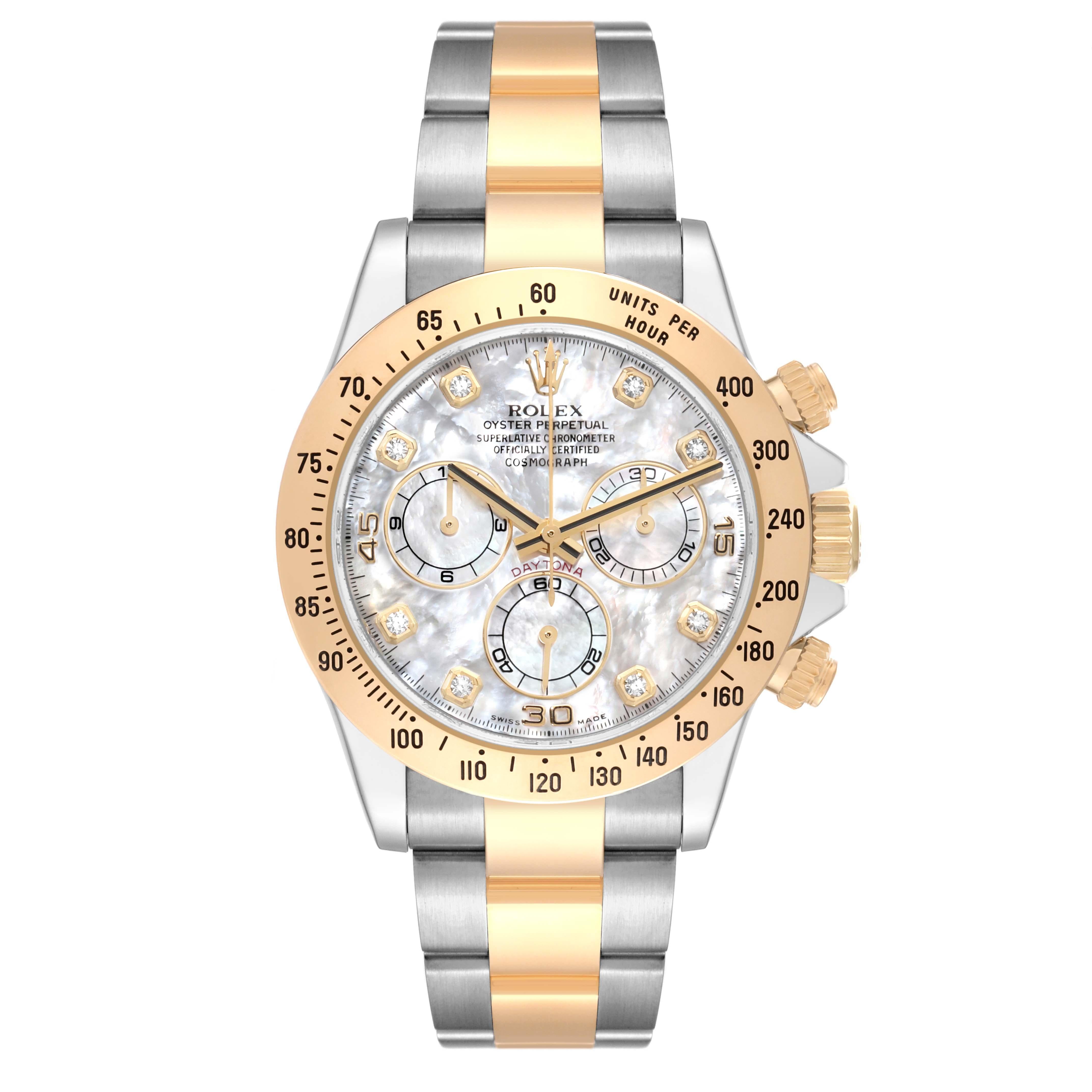 Rolex Daytona Yellow Gold Steel Mother of Pearl Diamond Mens Watch 116523 Box Card. Officially certified chronometer automatic self-winding movement. Rhodium-plated, oeil-de-perdrix decoration, straight line lever escapement, monometallic balance