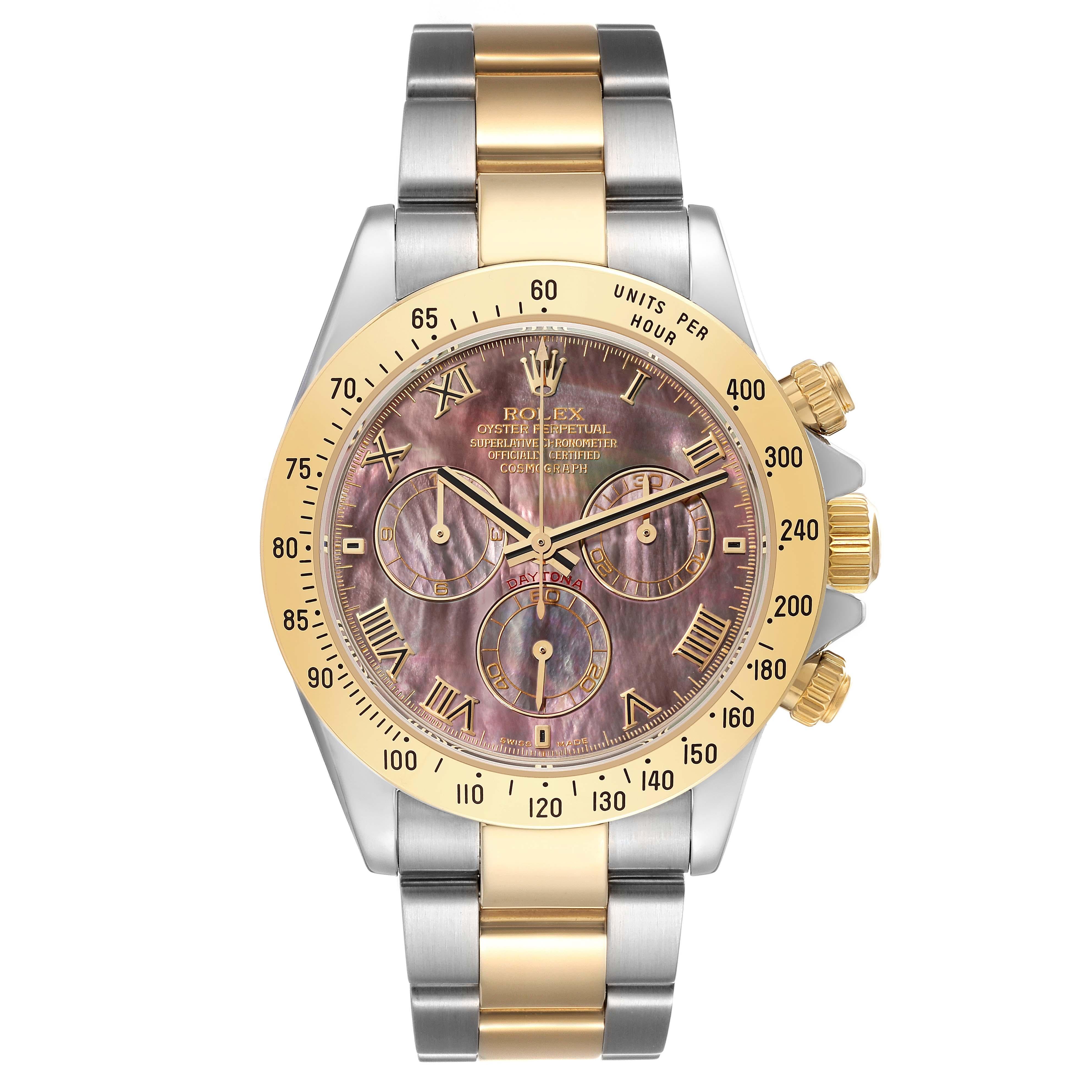 Rolex Daytona Yellow Gold Steel Mother of Pearl Mens Watch 116523 Box Papers. Officially certified chronometer automatic self-winding movement. Rhodium-plated, oeil-de-perdrix decoration, straight line lever escapement, monometallic balance adjusted