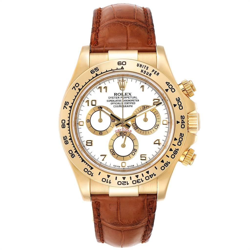 Rolex Daytona Yellow Gold White Dial Brown Strap Mens Watch 116518. Officially certified chronometer automatic self-winding movement. Chronograph function. 18K yellow gold case 40.0 mm in diameter.  Special screw-down push buttons. 18K yellow gold