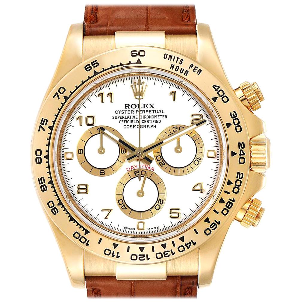Rolex Daytona Yellow Gold White Dial Brown Strap Men's Watch 116518