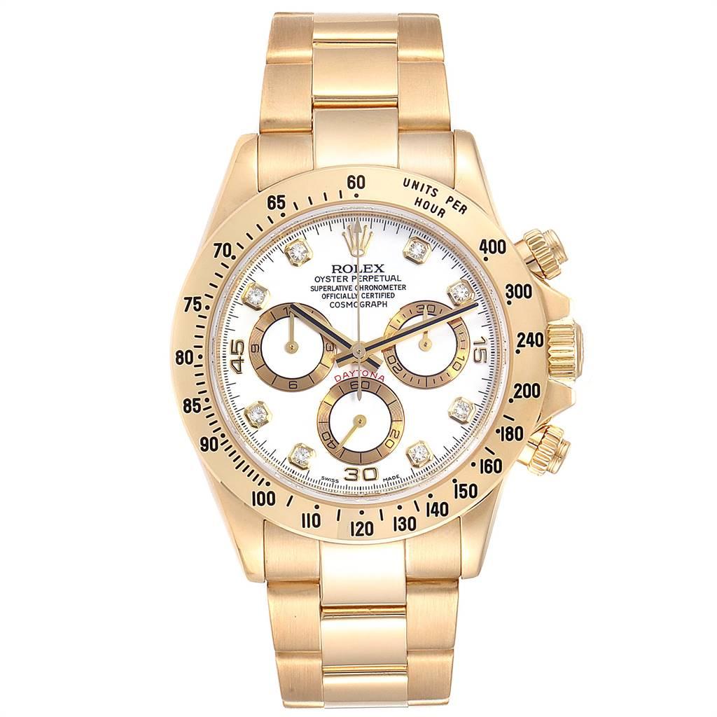 Rolex Daytona Yellow Gold White Diamond Dial Mens Watch 116528 Box Papers. Officially certified chronometer self-winding movement. Rhodium-plated, oeil-de-perdrix decoration, straight line lever escapement, monometallic balance adjusted to 5