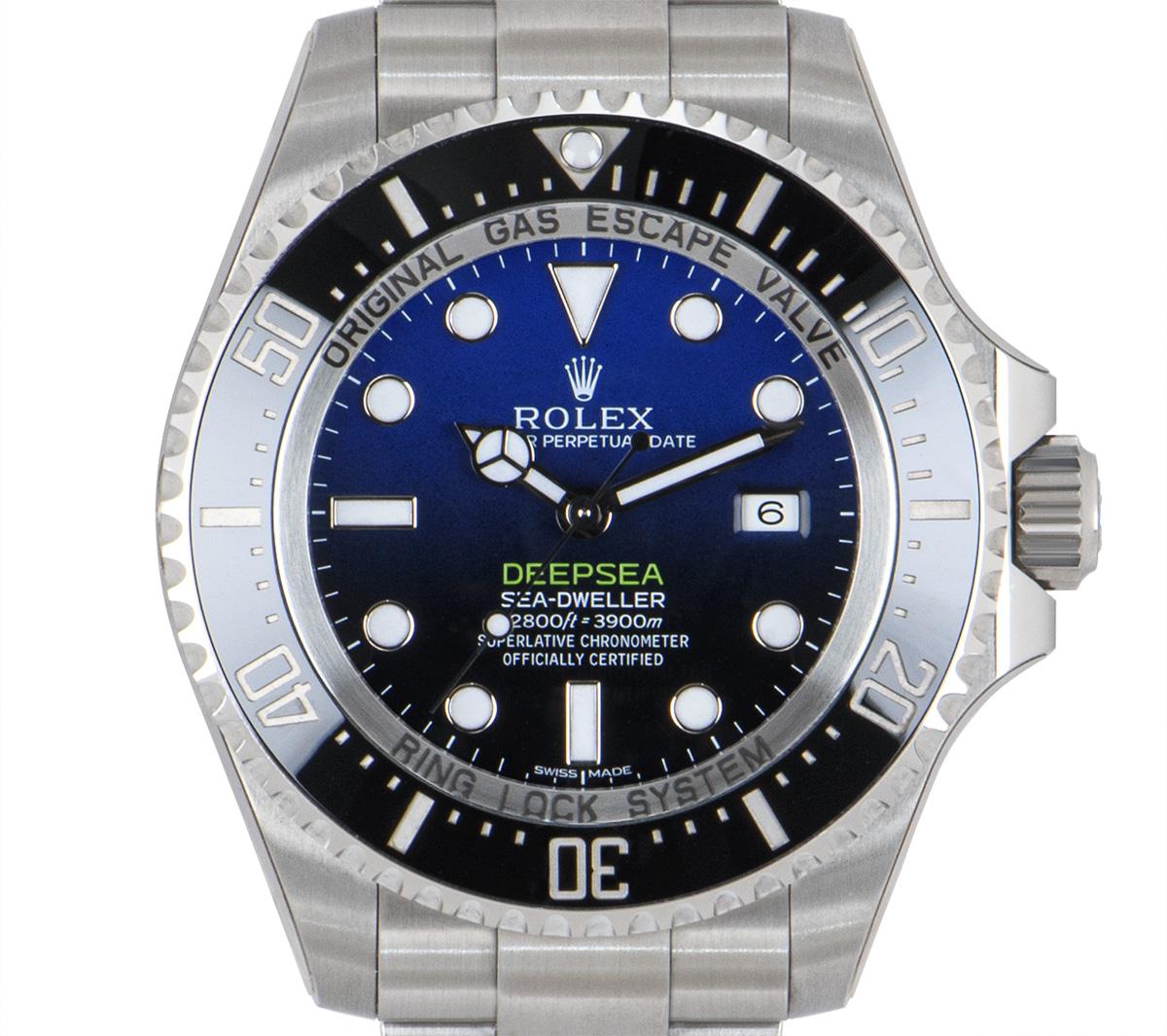 An unworn Deepsea Sea-Dweller in Oystersteel by Rolex, featuring a D-Blue dial under a domed scratch-resistant sapphire crystal. The stainless steel uni-directional rotatable bezel has a ceramic insert, with platinum coated 60-minute