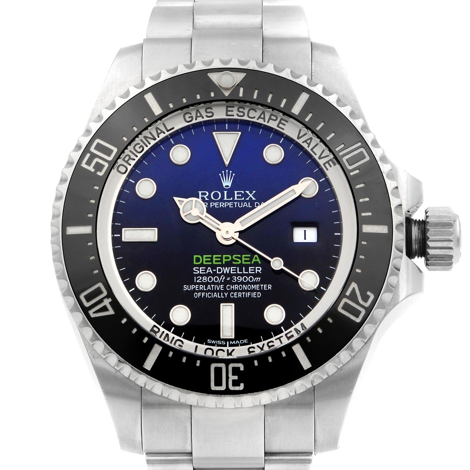 This pre-owned Rolex Sea-Dweller 116660 is a beautiful men's timepiece that is powered by mechanical (automatic) movement which is cased in a stainless steel case. It has a round shape face, date indicator dial and has hand sticks & dots style