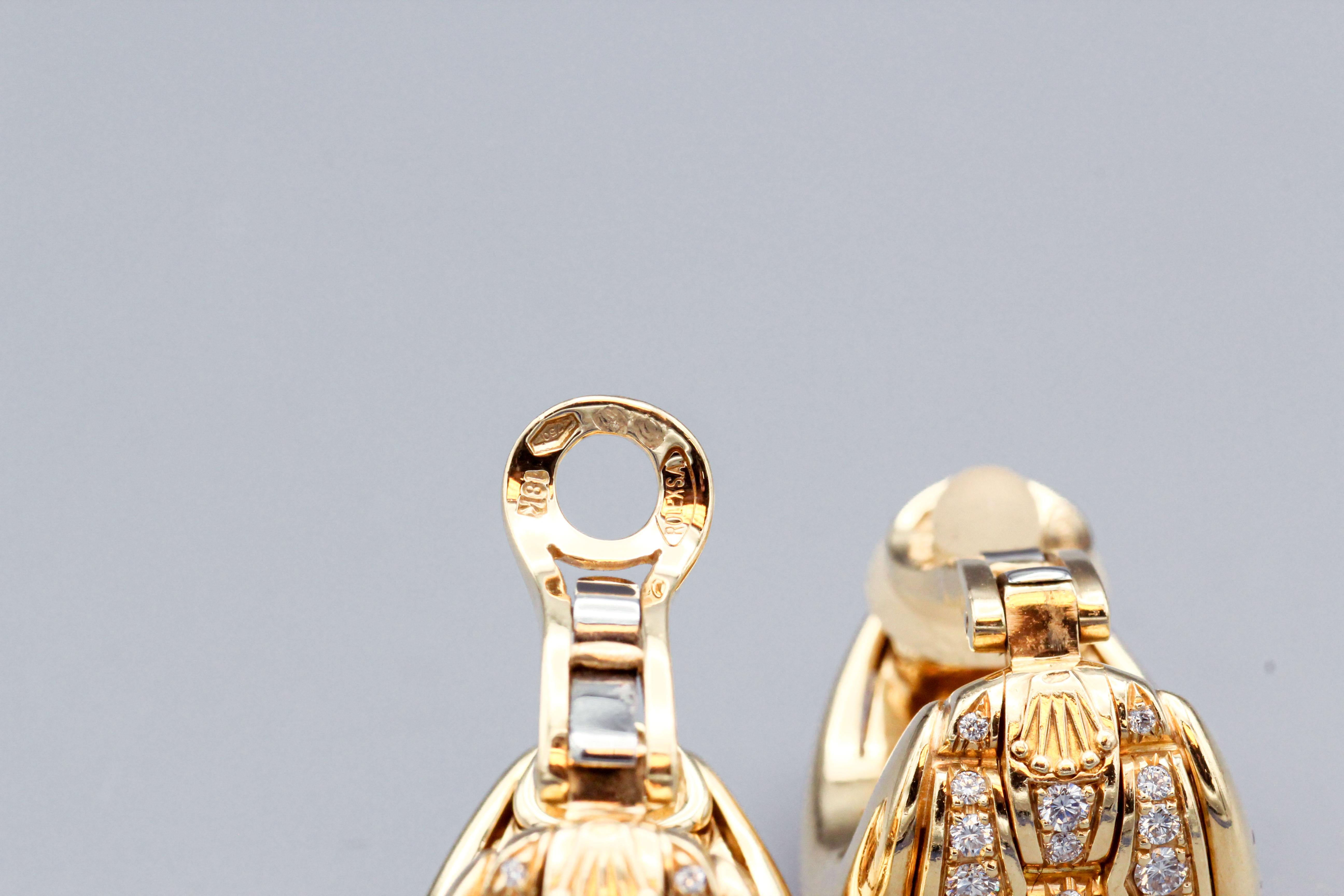 Brilliant Cut Rolex Vintage Diamond 18k Yellow Gold Huggie Hoop Earrings For Sale