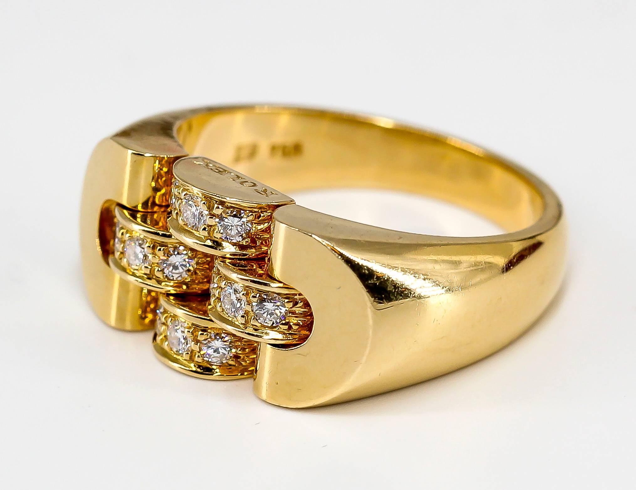 Cool diamond and 18K yellow gold ring by Rolex. It features high grade round brilliant cut diamonds Currently size 9 but can be sized slightly up and down. 

Hallmarks: Rolex, 750, maker's mark.