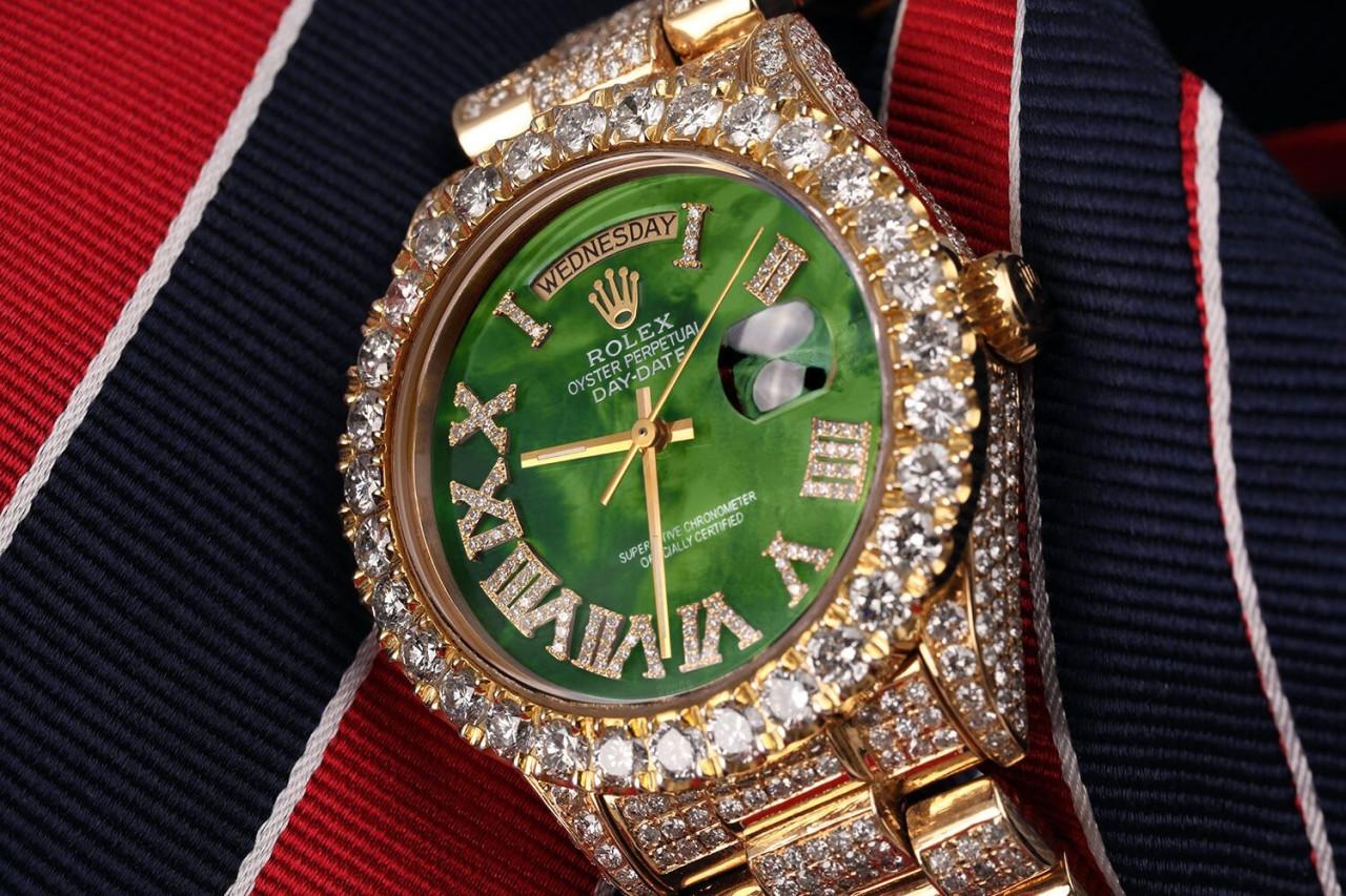 Rolex Diamond Day Date with Green Pearl Dial Roman Numerals Watch In Excellent Condition For Sale In New York, NY