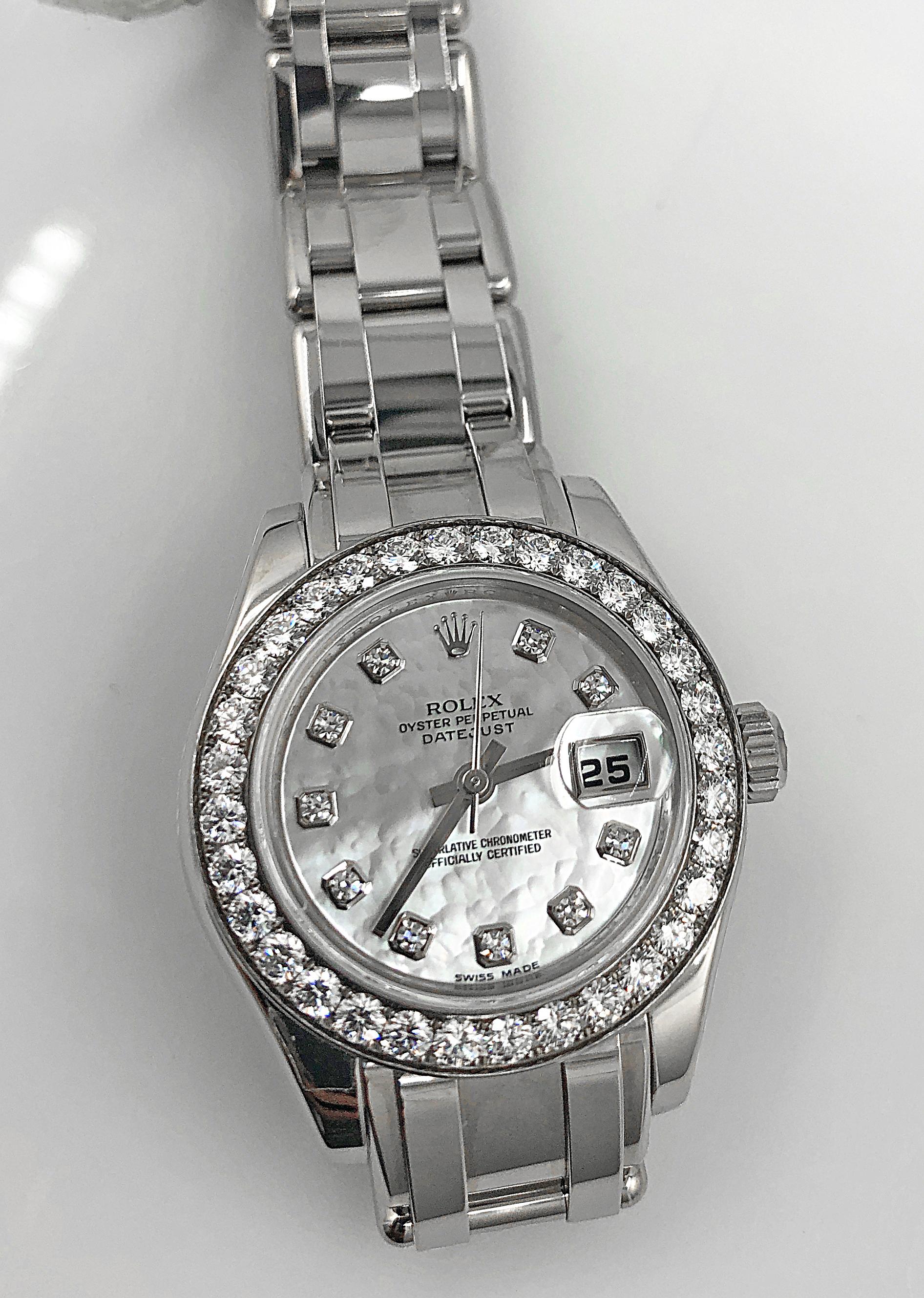 Rolex 18k white gold oyster perpetual Datejust diamond and mother of pearl women ladies watch.
