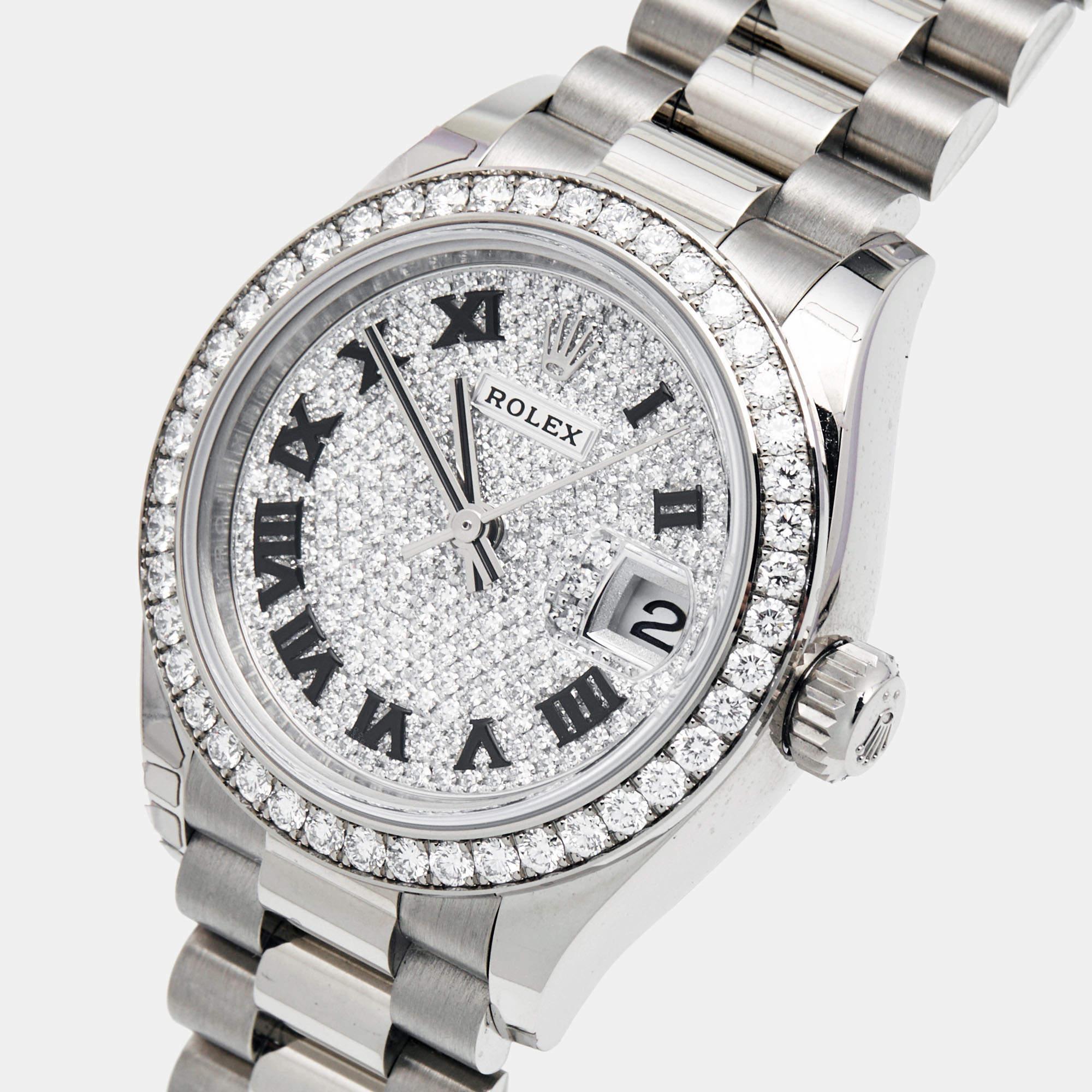 Rolex Diamant Pave 18K Weißgold Datejust Präsident Damenarmbanduhr 28 (Zeitgenössisch) im Angebot
